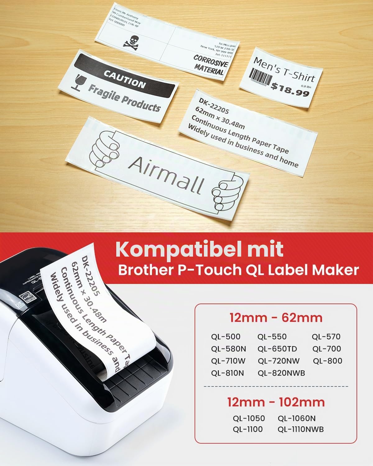 DK-22205 Endlosetiketten 62mm x 30,48m Etikettenrolle 10 Etiketten