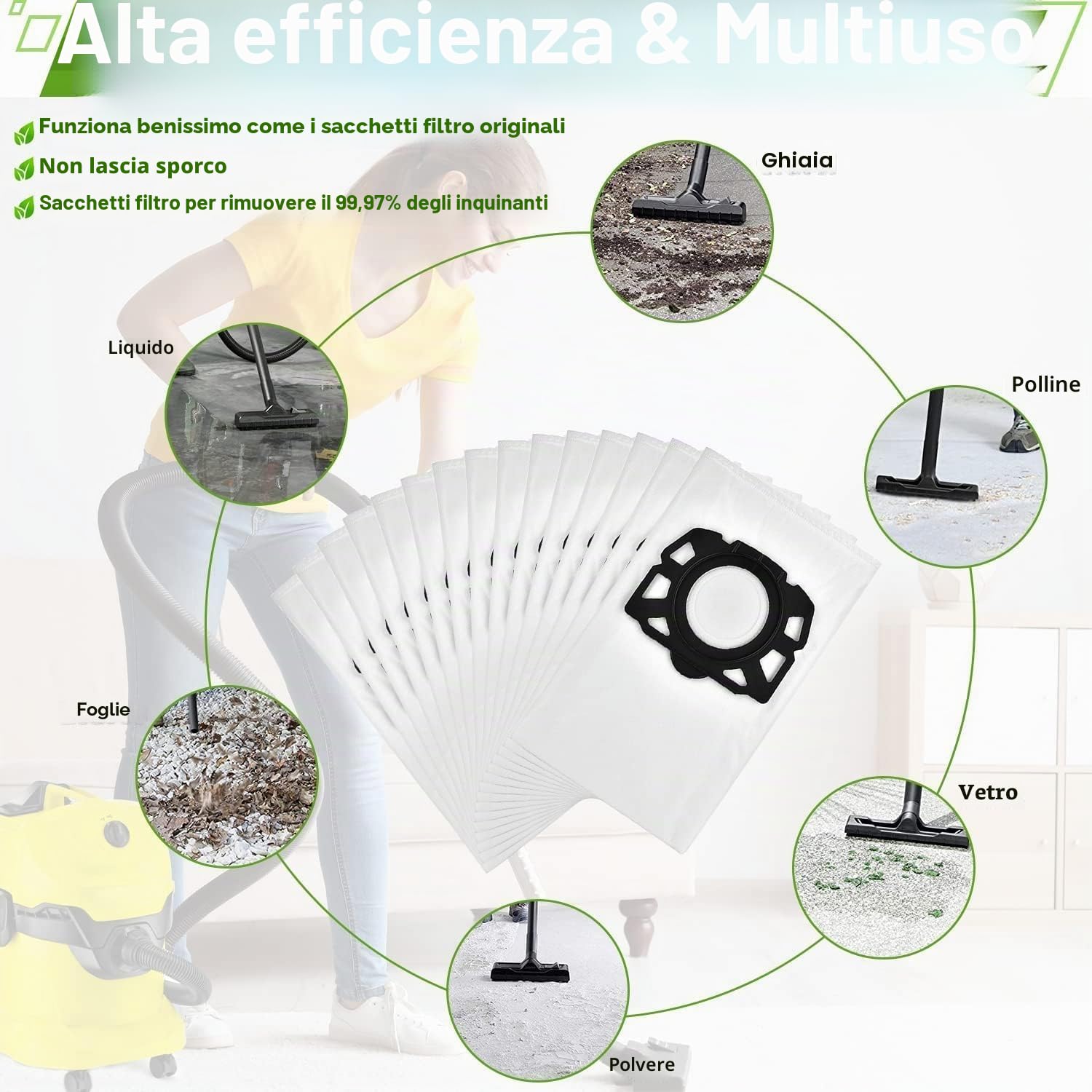 Rebirthcare 15 sacchetti per Kärcher aspirapolvere 2.863-006.0 in tessuto non tessuto 487, sacchetti di ricambio WD4 WD5 WD6 WD5P WD6P Premium MV4 MV5 MV6 sacchetti per filtro bagnati e asciutti