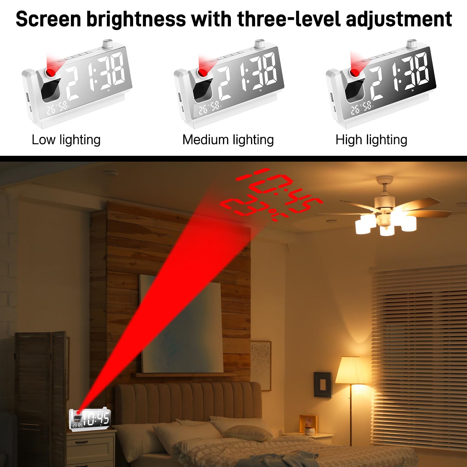 Reloj Despertador Digital con Proyector, Reloj Proyector Techo con LED de 7,4", 180°, Doble USB, Temperatura y Humedad, 3 Brillo, 12/24H, Snooze, para Dormitorio Infantil Niños(Blanco)