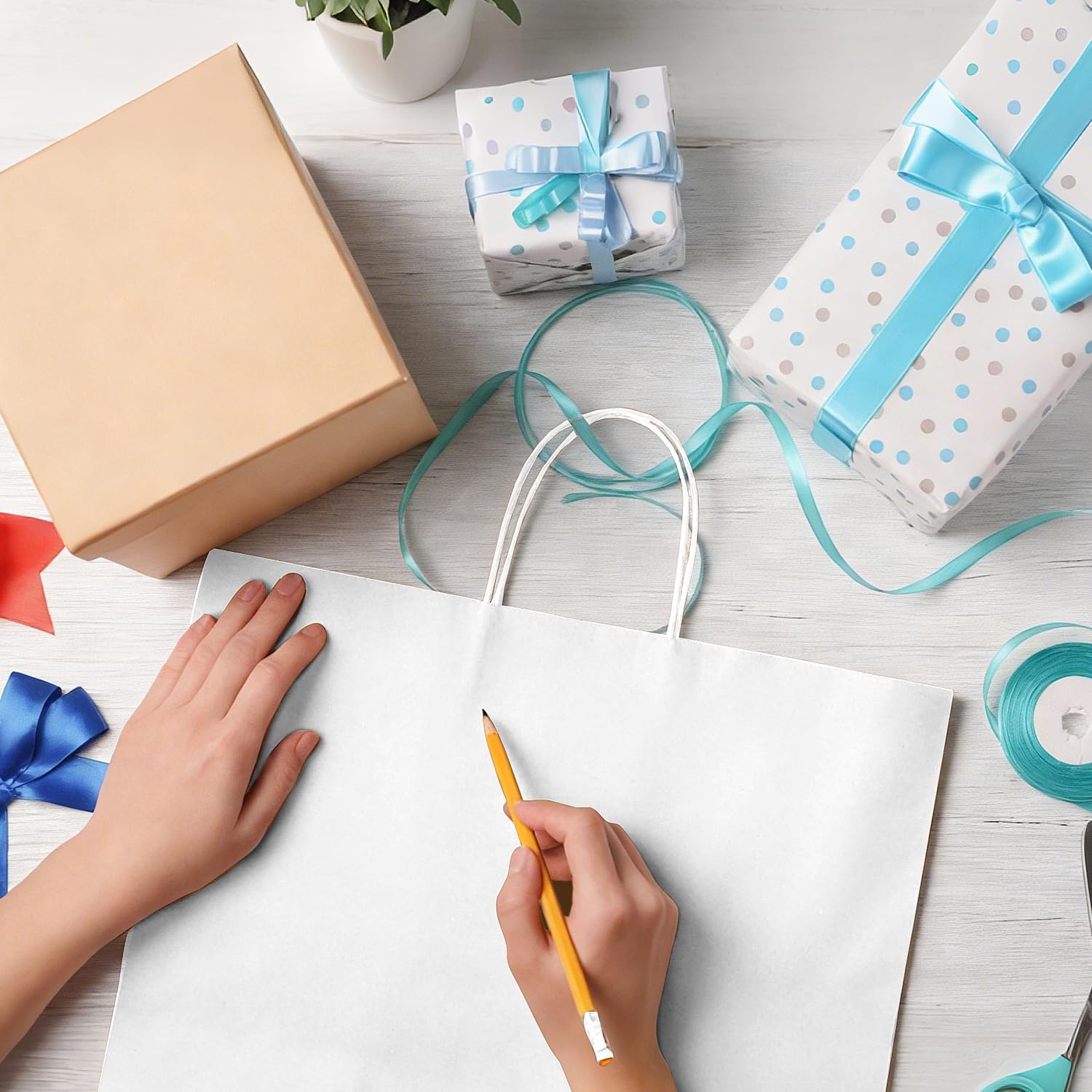50 sztuk torebek na prezenty XL z uchwytami, małe przedsiębiorstwo, białe torebki na prezenty z papieru typu kraftowego, na urodziny, wesela, Dzień Matki, torby na zakupy, do zastosowań komercyjnych