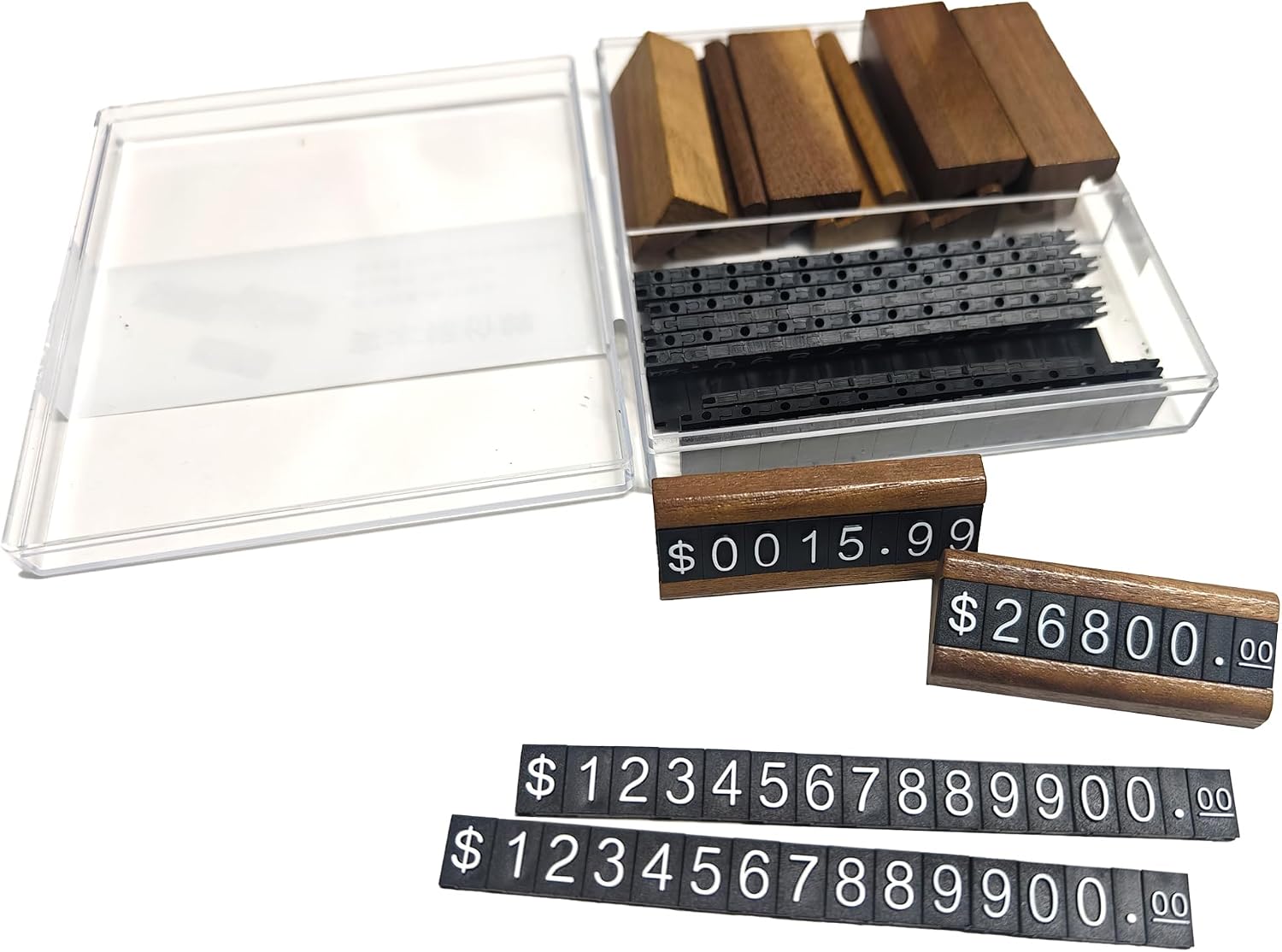 20-Pack Wooden Price Tags, 62x25mm Rectangular Adjustable Number Tags with String for Jewelry, Retail Display, Black ABS Number Plates (20)