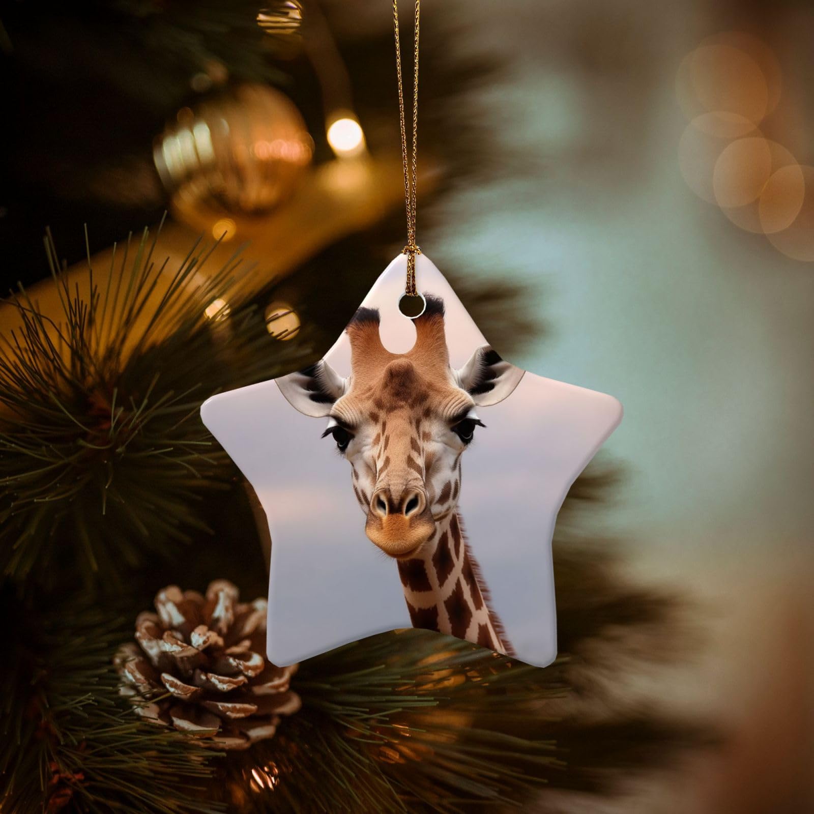 Christmas Tree Ornaments Ceramics Christmas Decorations Cute Giraffe Ornaments with Gold Ribbon Porcelain Xmas Tree Crafts Star Shape Hanging Pendant for Christmas Tree Party Decor