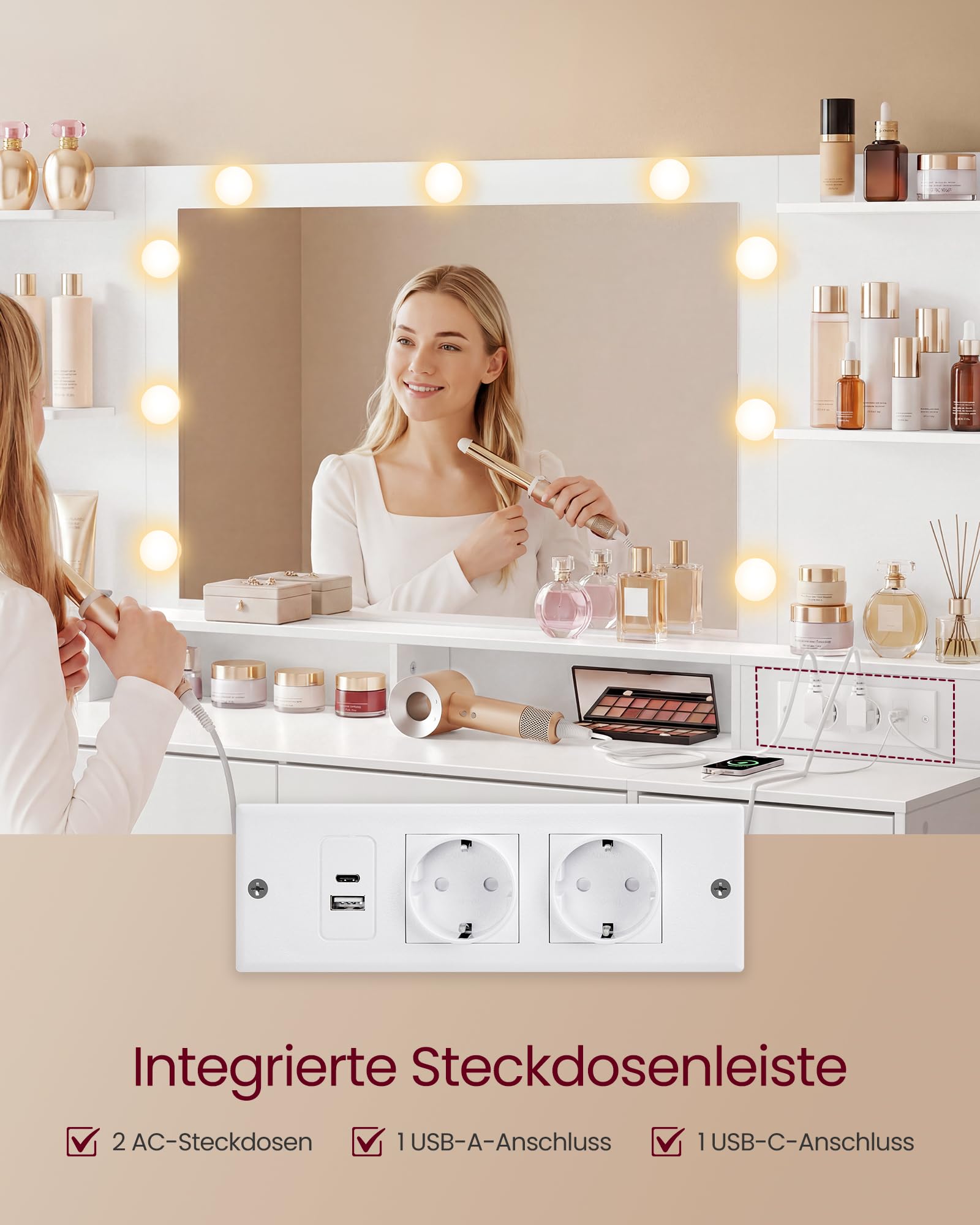 VASAGLE Schminktisch mit Spiegel und Beleuchtung, 10 Schubladen