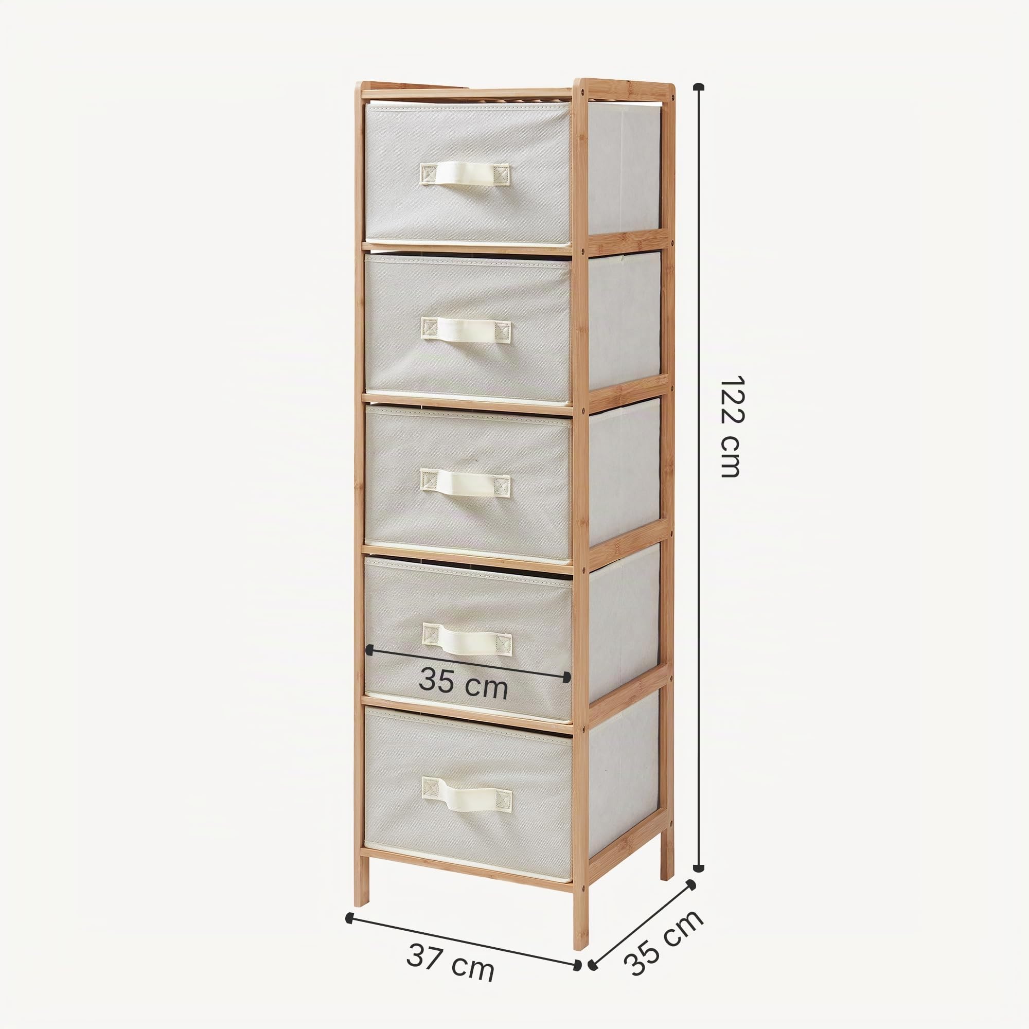[en.casa] Kommode Maldon mit 5 Stoffschubladen Schubladenschrank 122 x 37 x 35 cm Aufbewahrungsschrank für Schlafzimmer Flur Ankleidezimmer Bambusgestell Natur/Beige