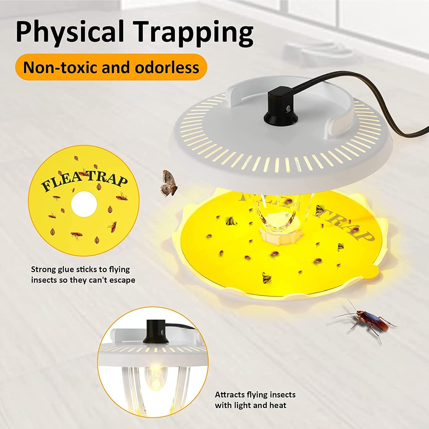 Redeo Flea Trap 2 Pack Sticky Bed Bug Traps with 4 Light Bulbs and 8 Sticky Glue Boards, Odorless Non-Toxic Flea Light Traps for Inside Your Home Safe for Kids & Pets