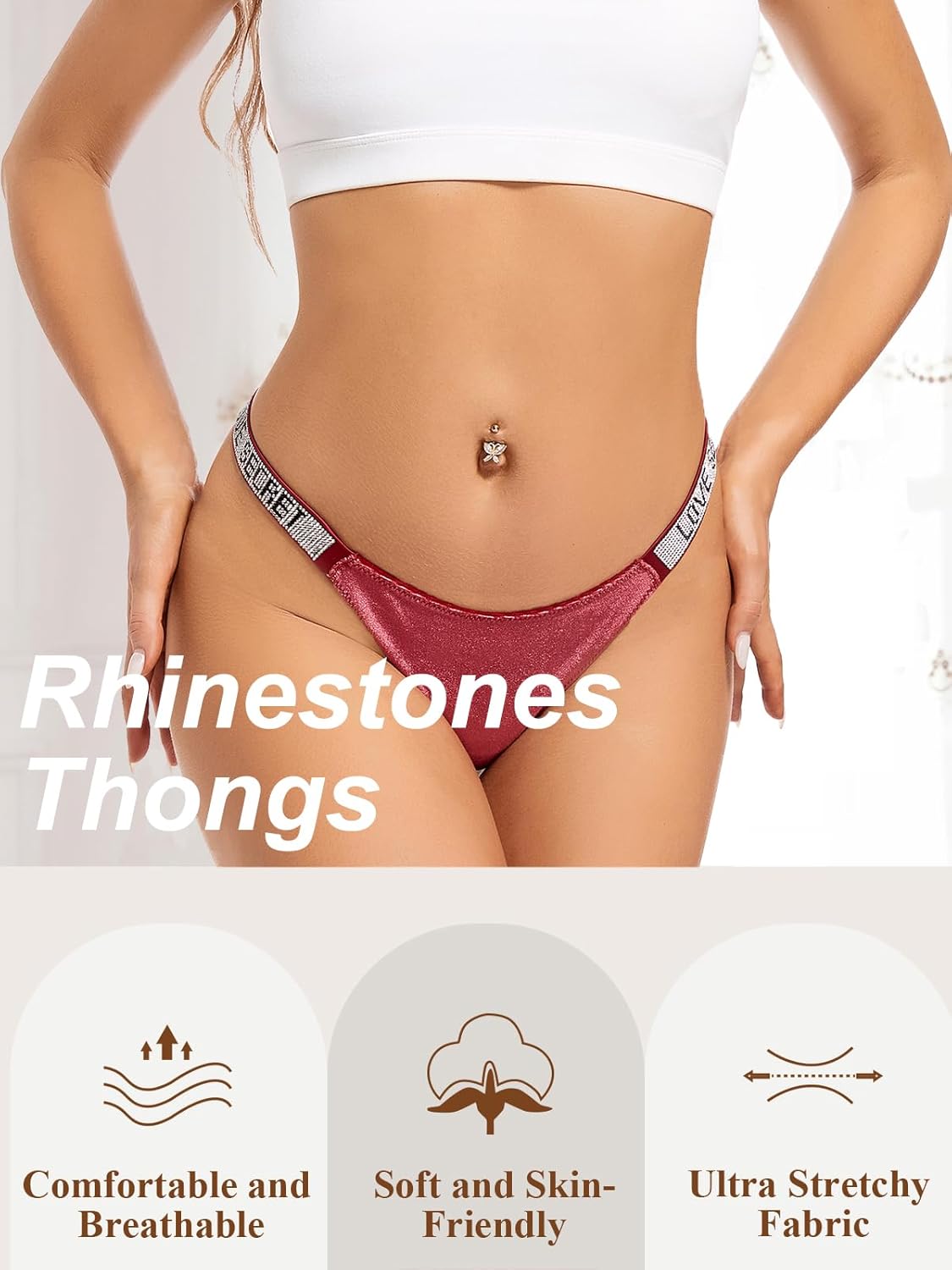 Rhinestone G-string Thongs for Women-Velvet Sexy Thong Underwear Stretch Breathable Low Rise Ice Silk Panties 6Pack - Image 2