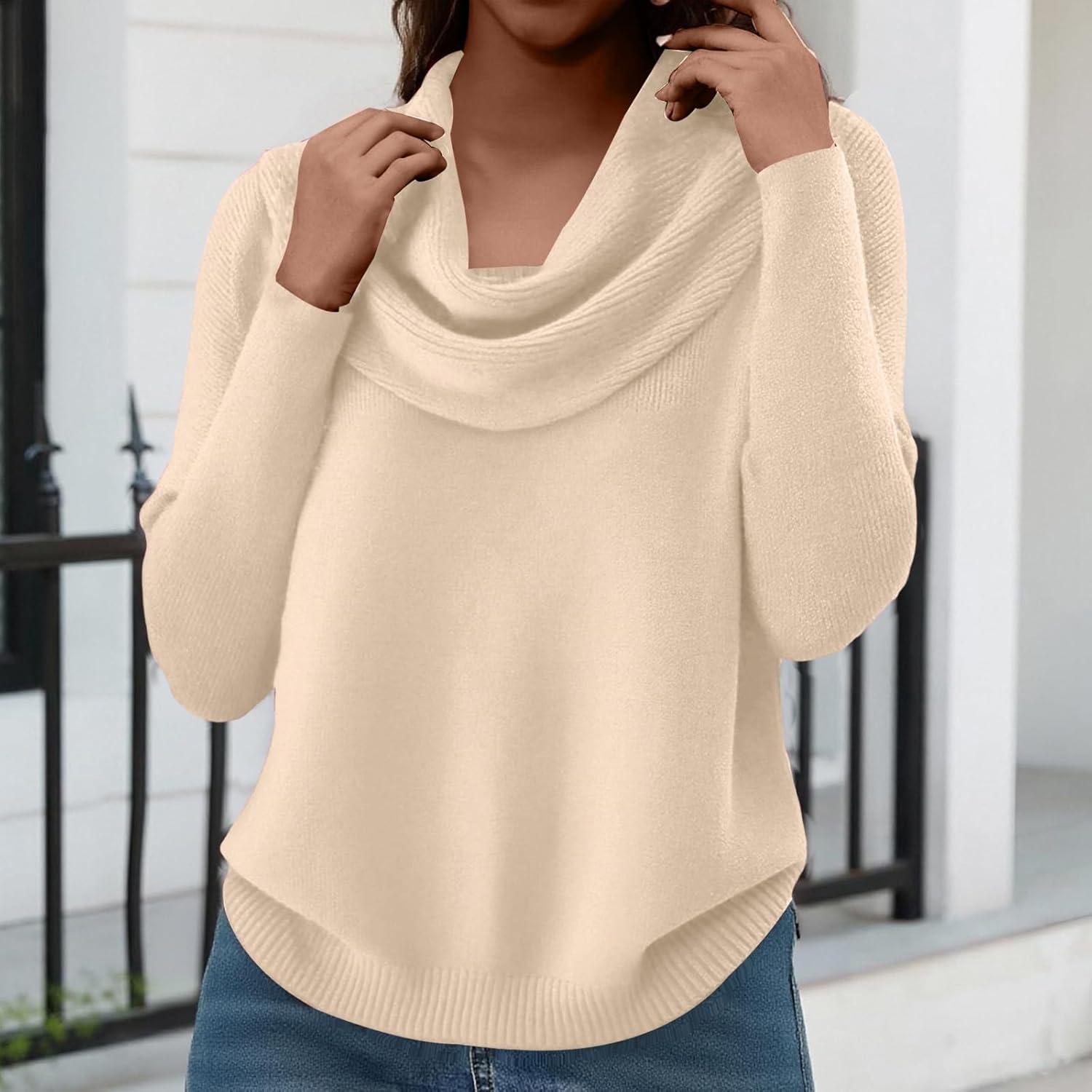 Cowl Neck Sweaters for Women Fall Winter Lightweight Long Sleeve Sweater Casual Loose Basic Knit Pullover Tops - Image 6