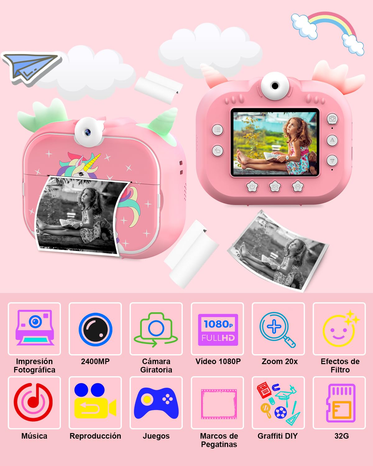 Robofun Appareil Photo Enfant Instantané, 2.4" 1080P HD Appareil Photo Instantané Numérique avec 5 Rouleaux de Papier à Imprimer, 48MP/180° Double Objectif, Cadeau pour Filles Garçons 3-12 Ans(Rose)