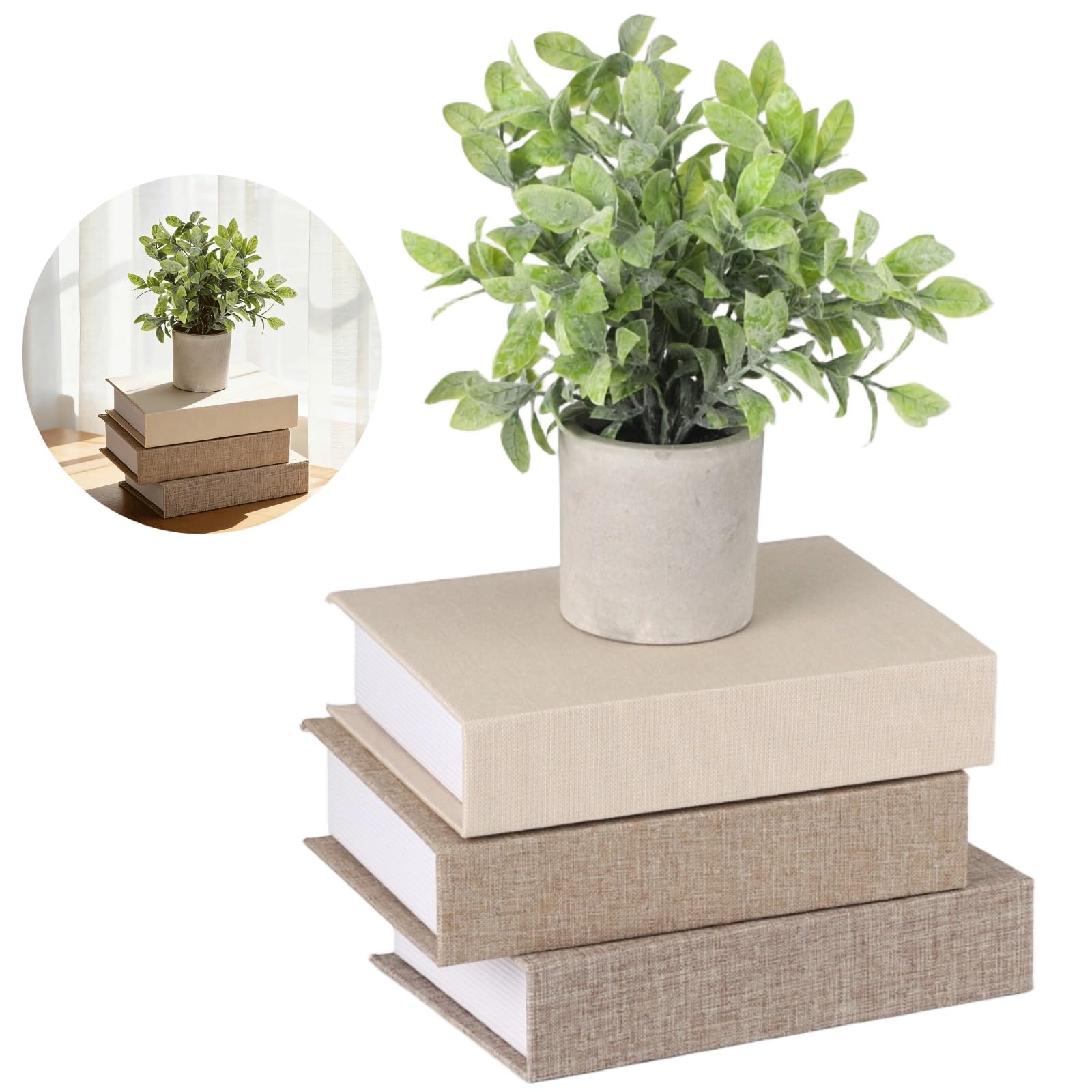 Calolin 3 Pcs Linen Faux Book Decor, 8.7 x 5.9 x 1.8 in Realistic Modern Hardcover Fake Books Set, Decorative Book Shape for Versatile Home Decor, Beige, Khaki, Light Coffee