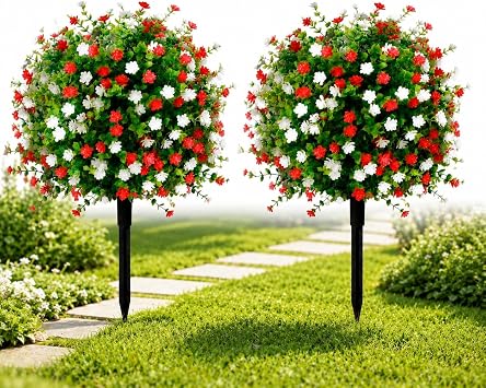 Artificial Topiary Ball Outdoor Flowers, Set of 2 Fake Boxwood Ball Tree UV Resistant,Faux Shrubs Bushes Plants with Stakes for Spring,Potted,Indoor,Porch,Garden-23.7