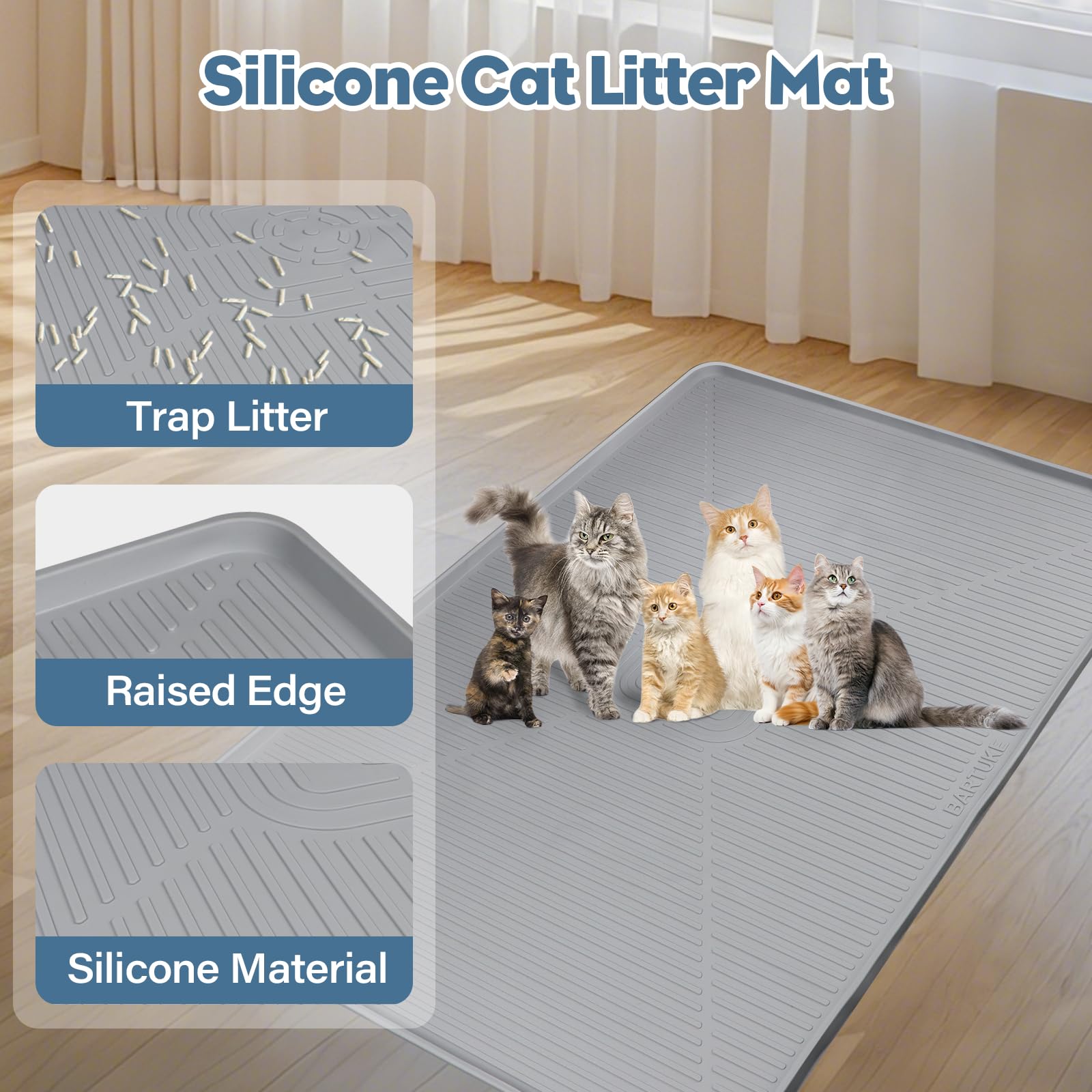 Kalolary Alfombra Arenero para Gato – Tapete de Silicona Impermeable, Antideslizante y Suave, Fácil de Limpiar, Multiuso para Arenero, Comedero, Cocina (Gris Clair, 45'' x 30'')