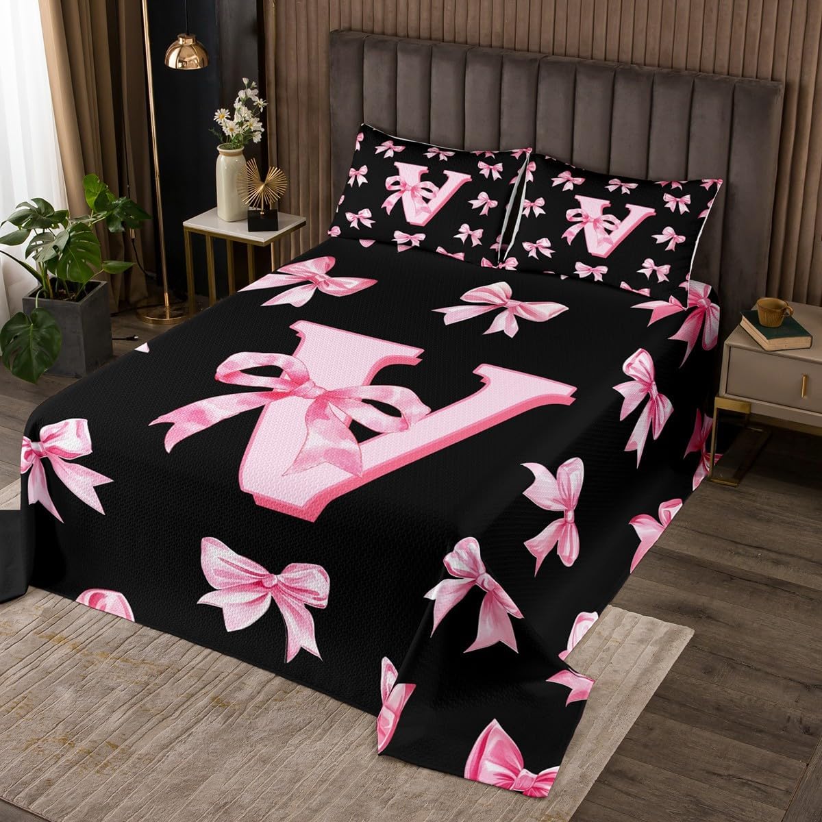 Erosebridal Cute Pink Bow Kids Bedspread Set Twin Size,Personalized Letter S Quilt Sets for Girls,Initial S Coquette Bow Coverlet Sets Preppy Monogrammed Bowknot Bed Set 2 Pcs