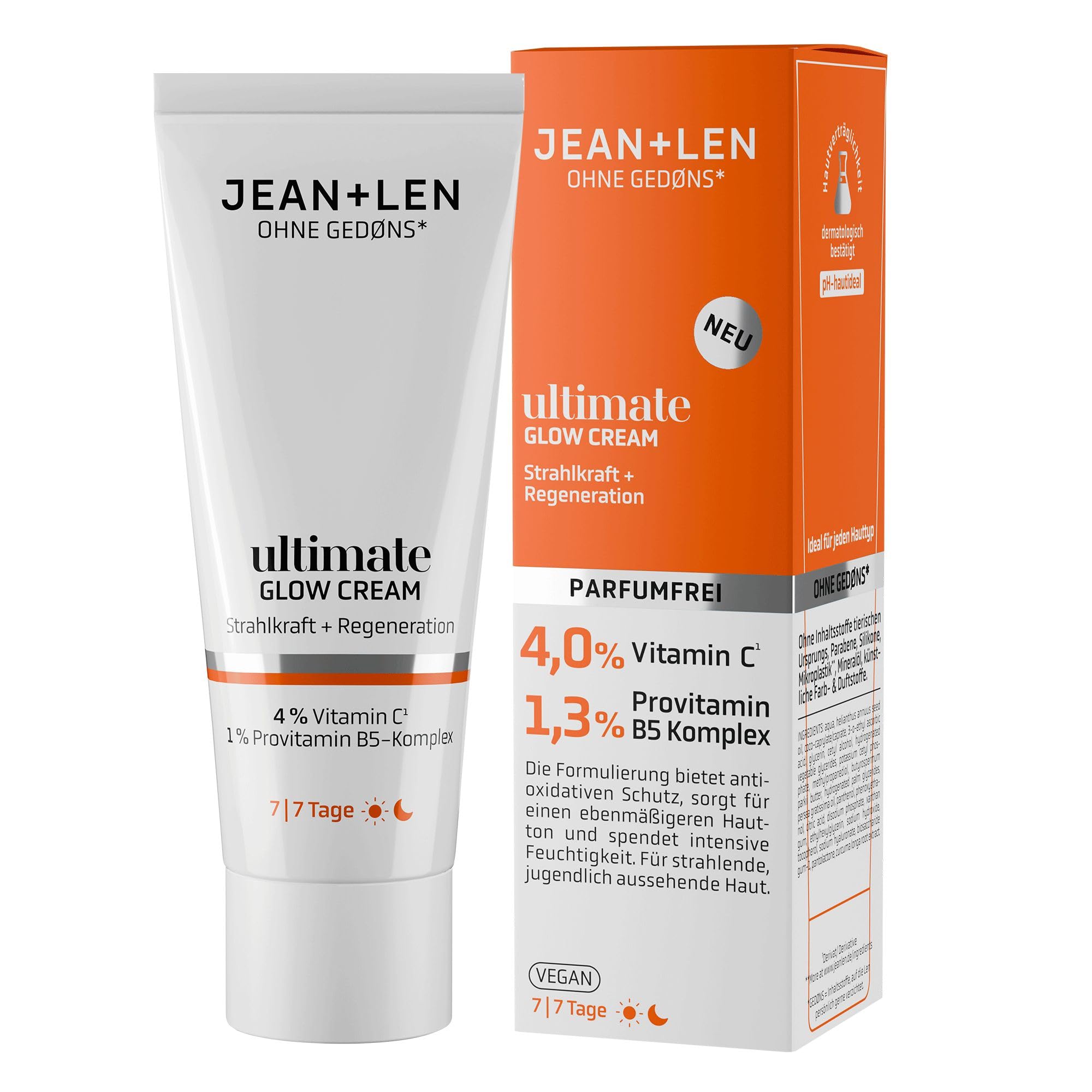 Jean & Len Ultimate Glow Cream, ideal für jeden Hauttyp geeignet, sorgt für ein strahlendes Hautbild, mit Vitamin C-Derivat, parfümfreie und vegane Gesichtscreme, 50 ml