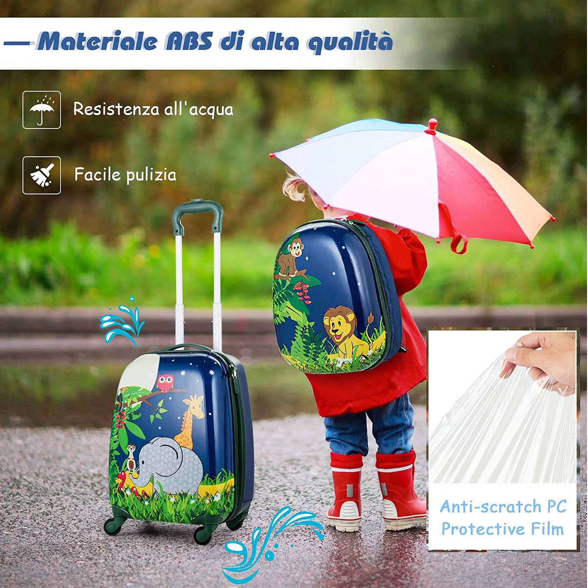 RELAX4LIFE Set Valigia Bambini 2 in 1 Animali Selvatici Blu Notte (Trolley16 + Zaino 12") con Ruote 360°, Maniglia Regolabile, Zaino con Piedini|ABS Resistente|Ideale per Viaggi e Scuola