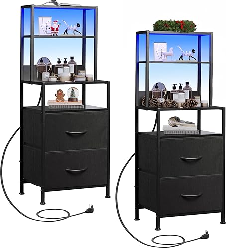 Miniatura 12 de WLIVE - Mesita de noche alta con estación de carga, mesita de noche LED con 3 cajones de tela y estantes abiertos de almacenamiento, mesa de noche