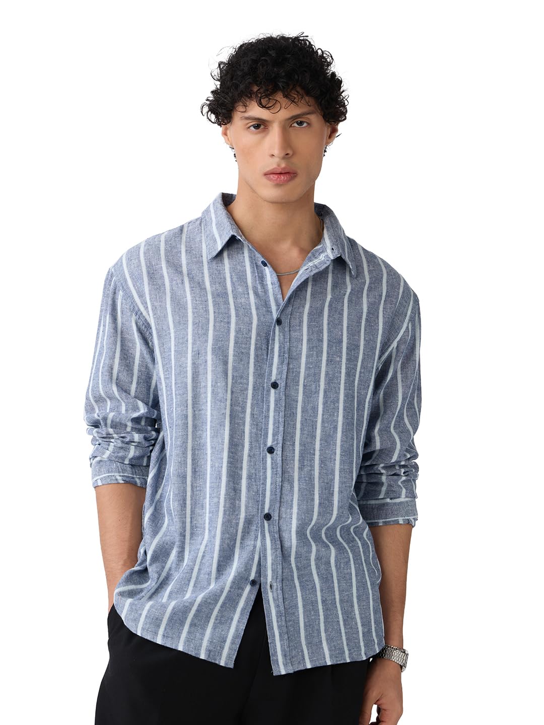 the souled store Cotton Linen Stripes: Nautical Men and Boys Long Sleeves Collared Neck Button Front Grey Striped Regular Fit Lightweight Summer Cotton Linen Shirts-picture-10