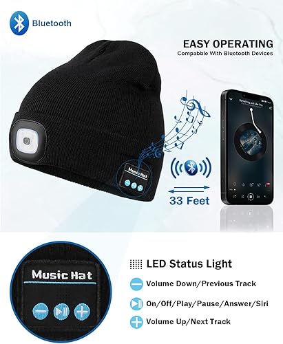 Miniatura 5 de Gorro unisex Bluetooth con luz, gorro de punto musical mejorado con auriculares y altavoces estéreo integrados y micrófono, sombrero LED para