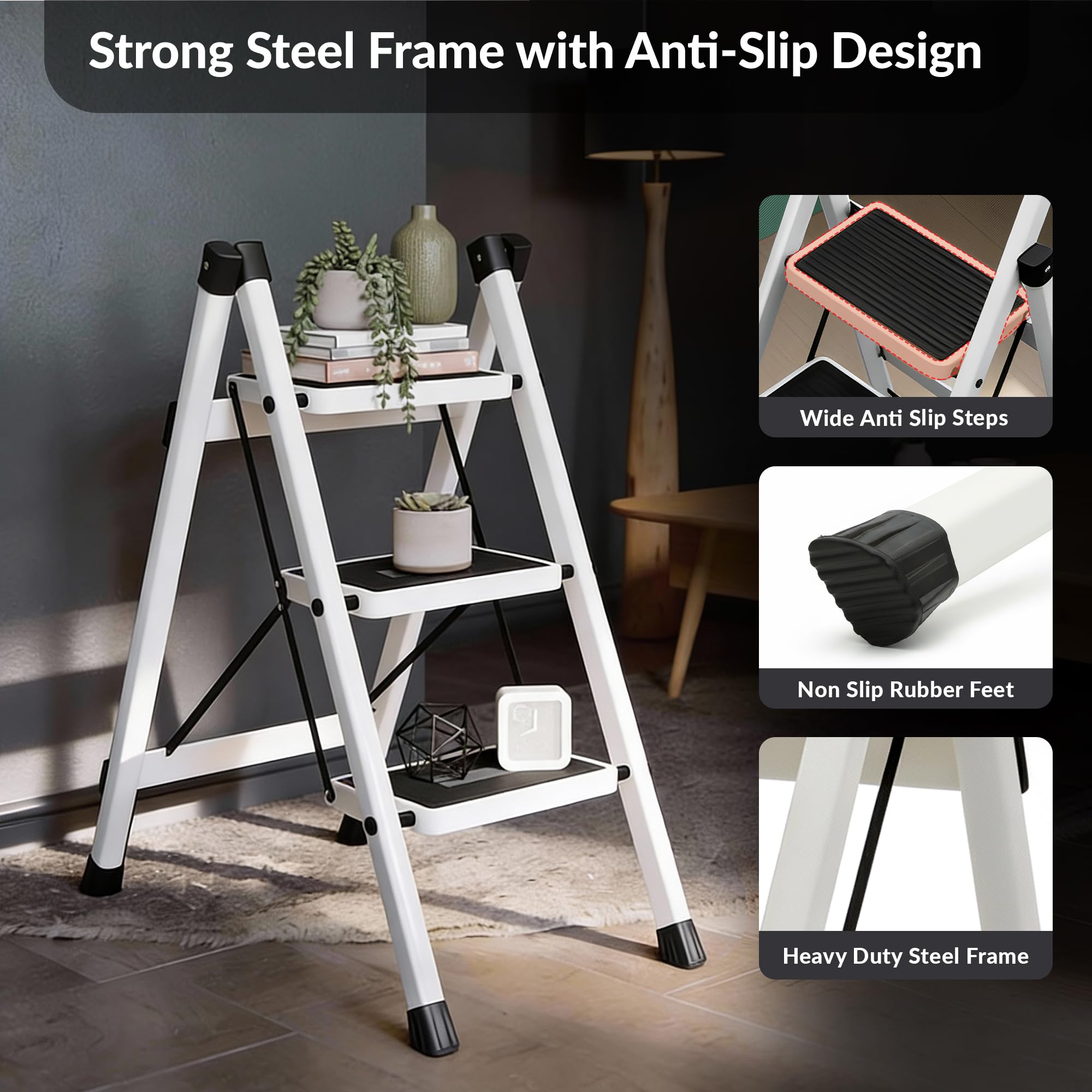 Plantex 3 Step Ladder for Home Use/Wide Anti-Slip Heavy-Duty Step Stool/Lightweight Kitchen Ladder 3 Step (White)