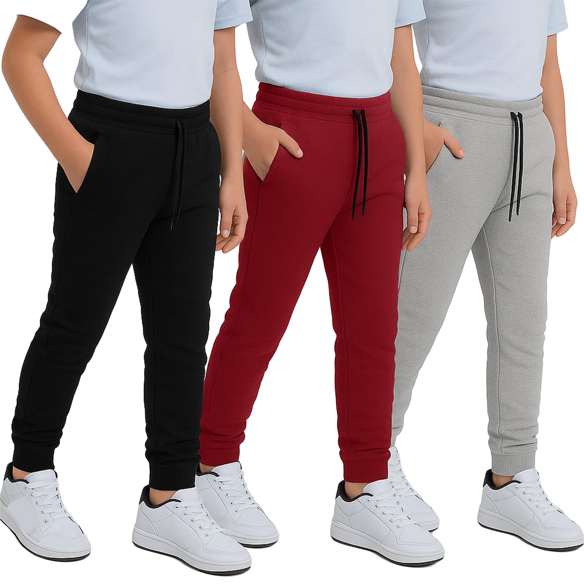 MONEY JONES ESSENTIALSBoys Sweatpants 3Pack - Fleece Joggers, Drawstring & Pockets, Slim Fit - Order 1 Size Up for Relax Fit