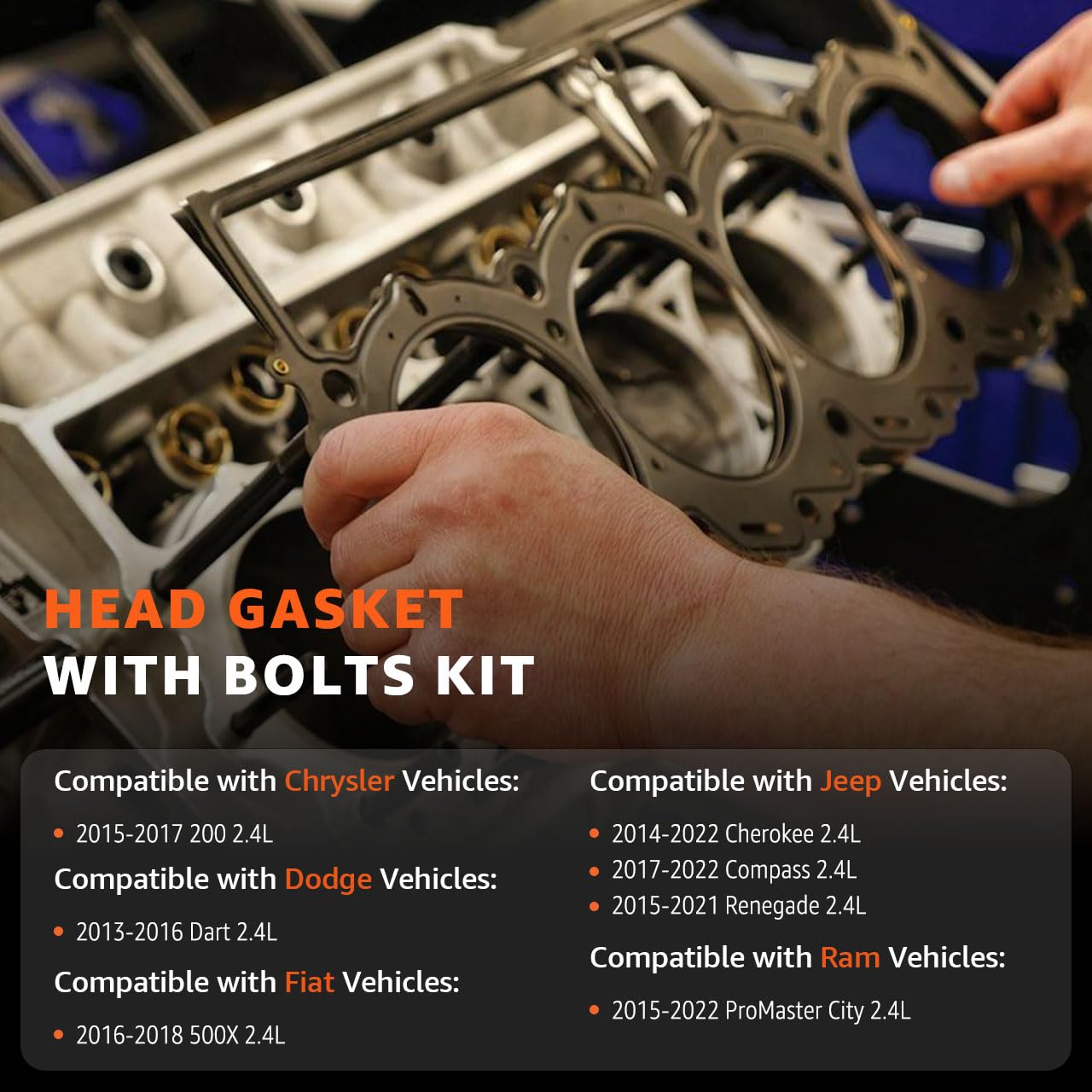Head Gasket Set with Bolts Compatible with 2013-2022 Jeep Dodge Chrysler 2.4L Cherokee Renegade Dart 200 Ram ProMaster City 500X - Replaces# HGB1171 68188889AE 4627326AC HS55384