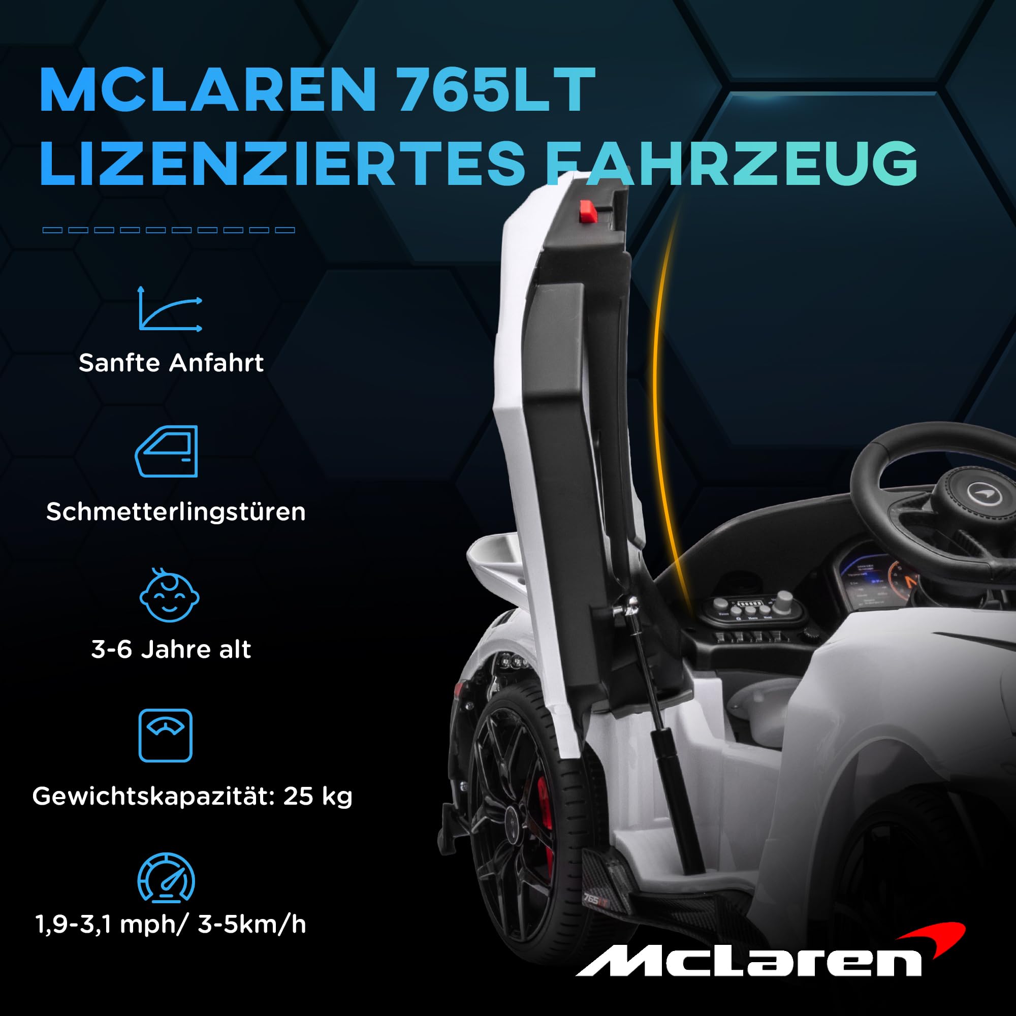 AIYAPLAY McLaren 765LT dziecięcy samochód elektryczny 12 V, pilot zdalnego sterowania 2,4 G, muzyka MP3, pojazd elektryczny z klaksonem, światłem, drzwiami skrzydłowymi, łagodnym rozruchem, 3-5 km/h