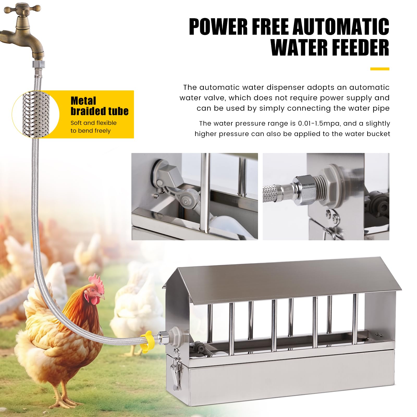 Recipiente automático para beber pollo con manguera trenzada, recipiente para beber paloma con válvula flotante para codorniz, paloma, pollo, loro, bebedor automático de aves de corral