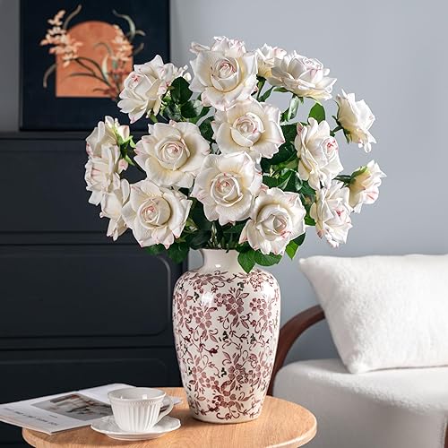 Flores artificiales, rosas artificiales, rosas falsas de 23.2 pulgadas de tallo largo, flores artificiales para jarrón alto, rosa de seda, adecuadas