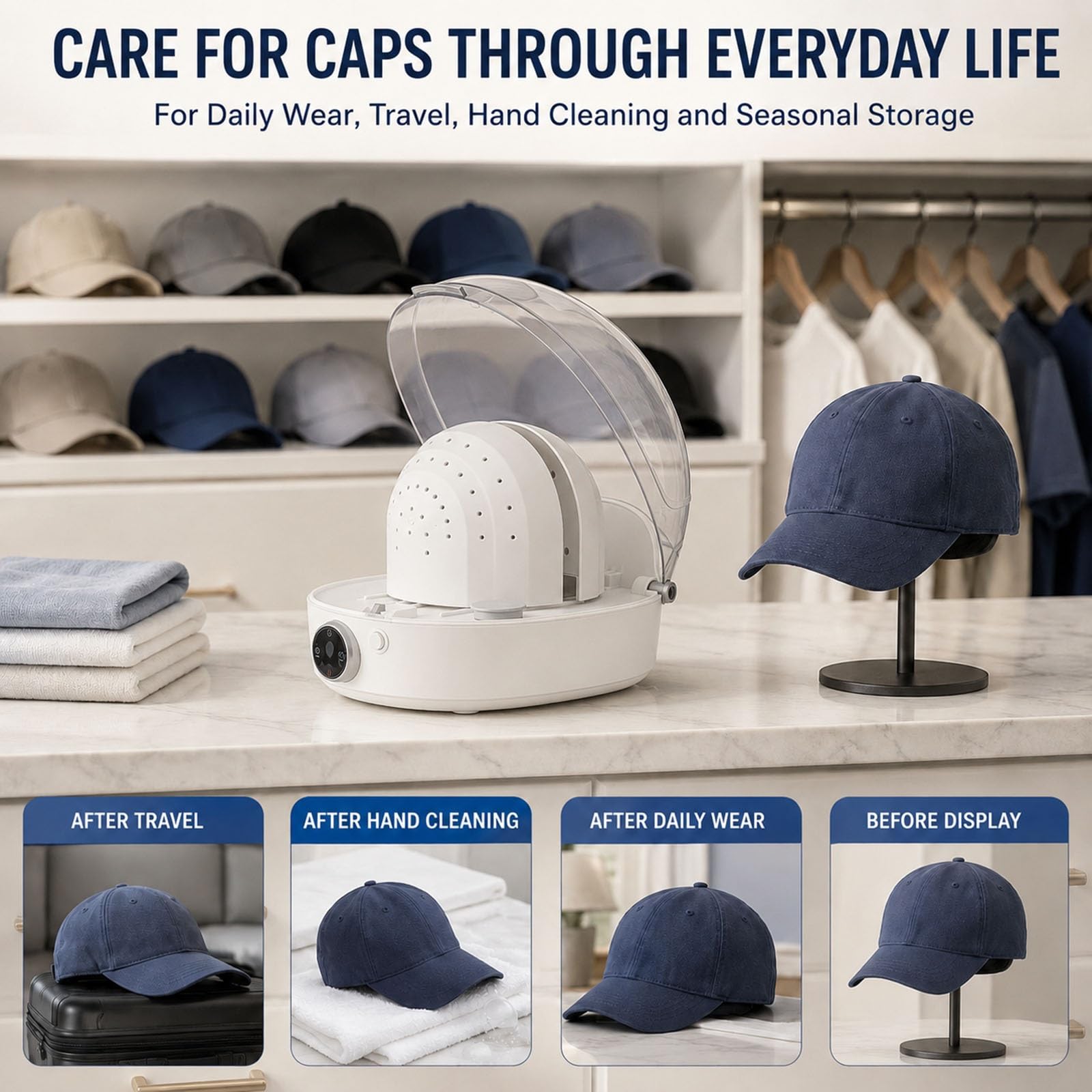 Parownica do Czapek z Daszkiem, Formownik i Ciepłe Powietrze | Do wielu czapek baseballowych, typu snapback i trucker; widoczne plamy usuń ręcznie i zawsze sprawdź metkę.