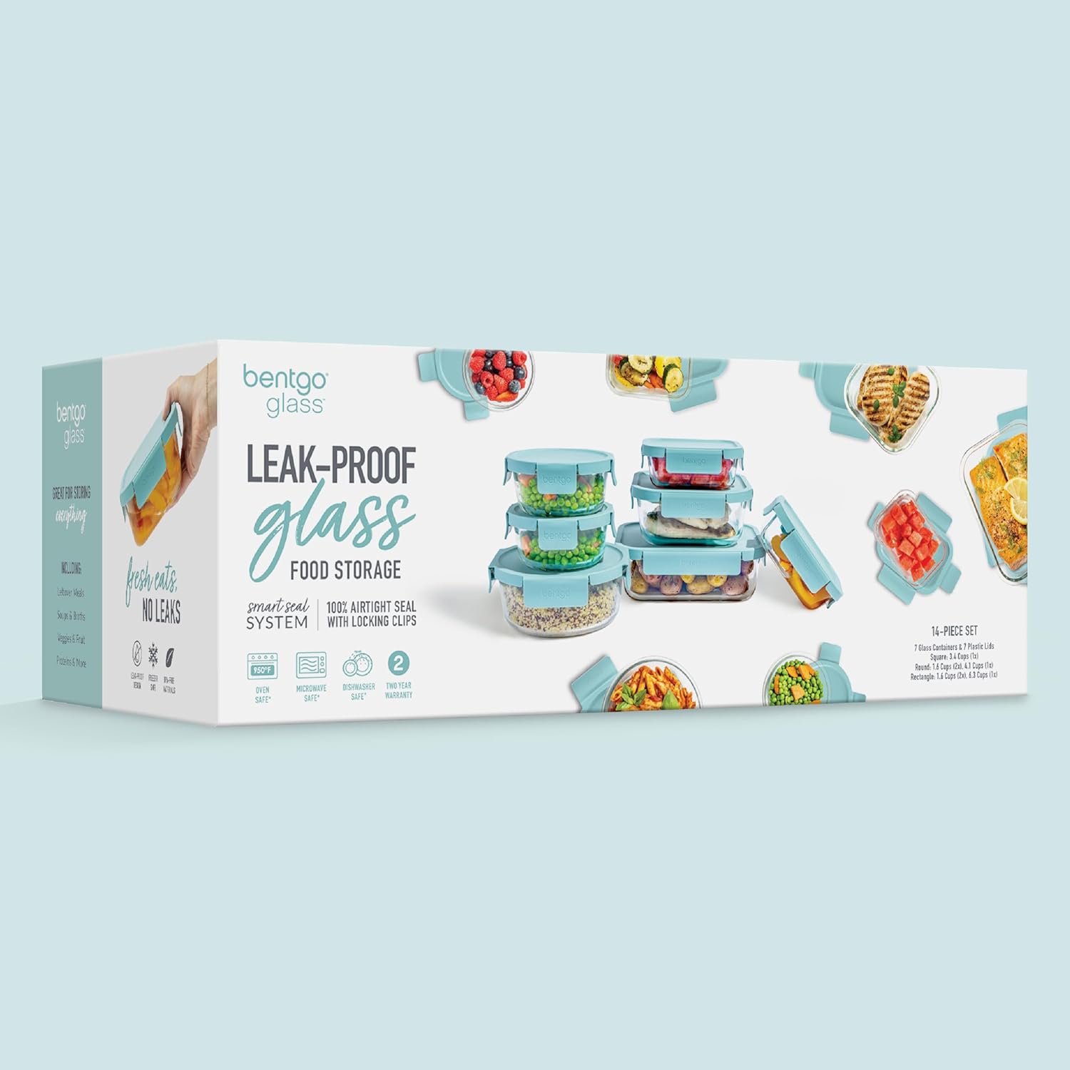 Bentgo Glass Leak-Proof Food Storage Set - 14-Piece Glass Containers with BPA-Free Airtight Lids, Reusable & Durable for Leftovers & Meal Prep - Microwave, Freezer, Oven & Dishwasher Safe (Soft Aqua)