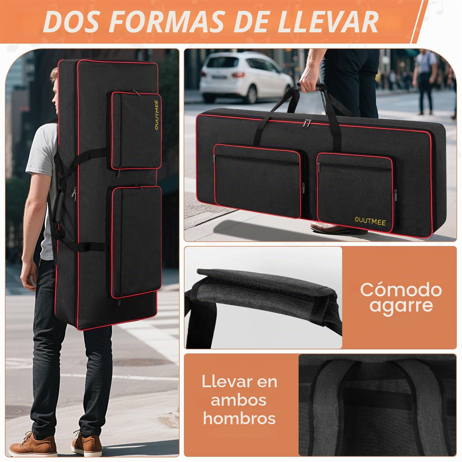OUOUTMEE Funda para teclado electrónico 76 teclas, tela Oxford 600D, negro, impermeable, 10 mm borde, cuatro protectores de esquina