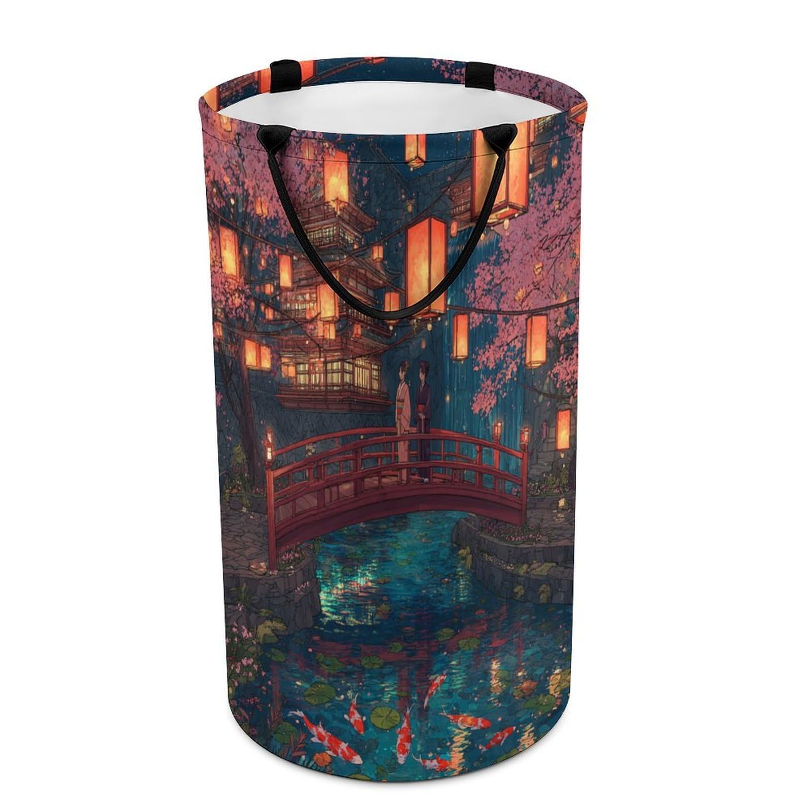 LUYYSKY Beautiful Rustic Japanese Geisha Collapsible Dirty Clothes Basket, Classic Anime Plant Cherry Blossoms Animal Fish Pattern Portable Clothes Storage Laundry Basket-40 CM Dia, 69 CM High