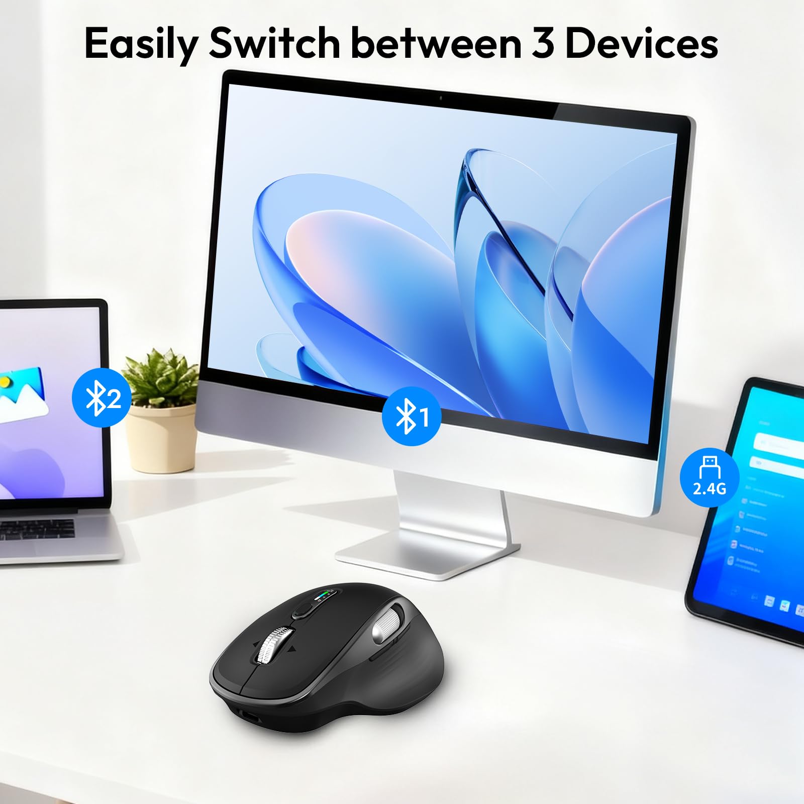 Ratón inalámbrico recargable por Bluetooth con 8 botones programables, color negro | Ratón óptico ergonómico multidispositivo con 5 DPI ajustables para laptop, iPad, PC, manos medianas a grandes