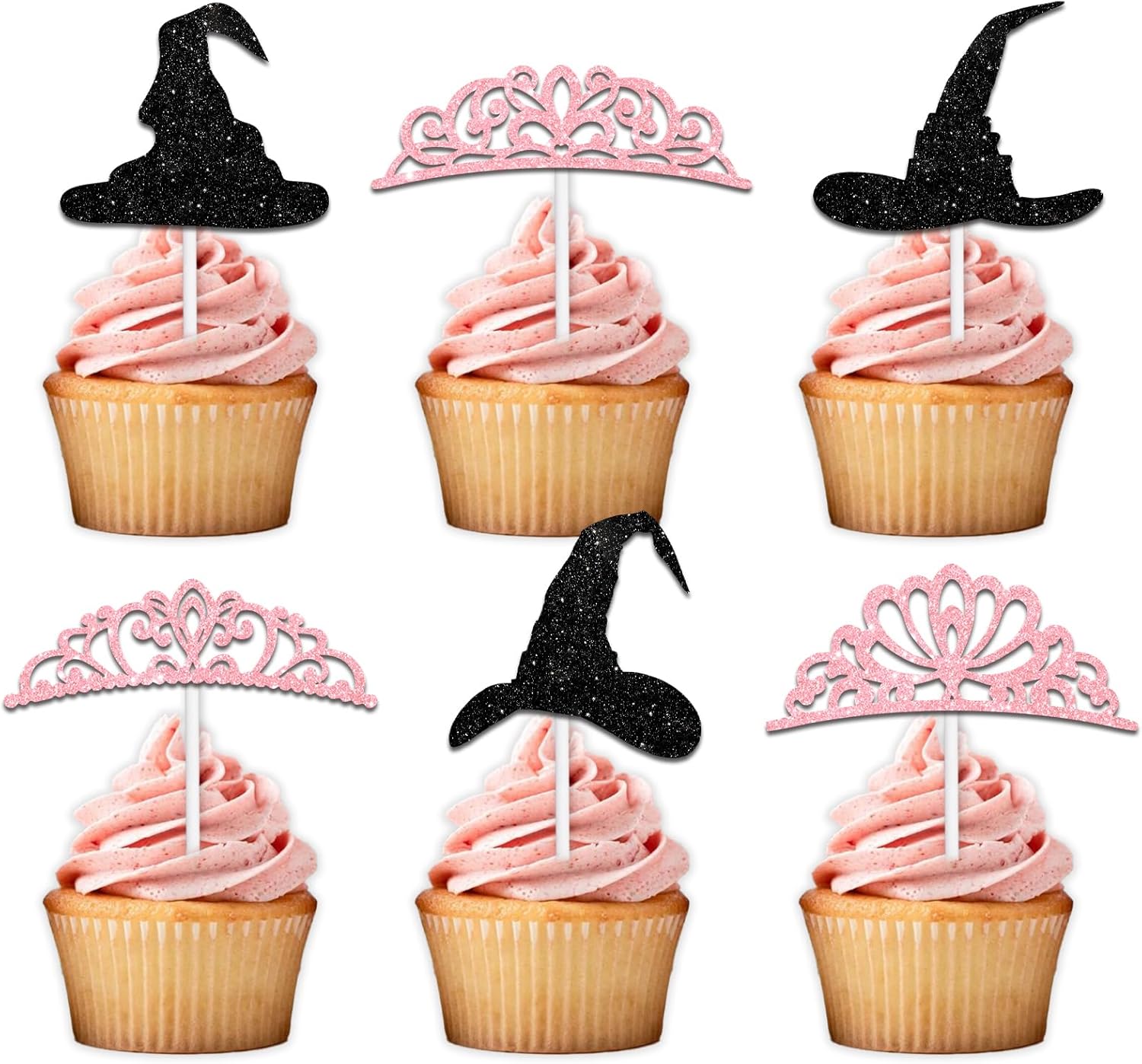 18pcs Black Pink Glitter Witch Hat Crown Dessert Cupcake Topper Pick for Princess Witch Party Theme Decor Supplies Men Women Boys Girls Happy Birthday Party Decoration