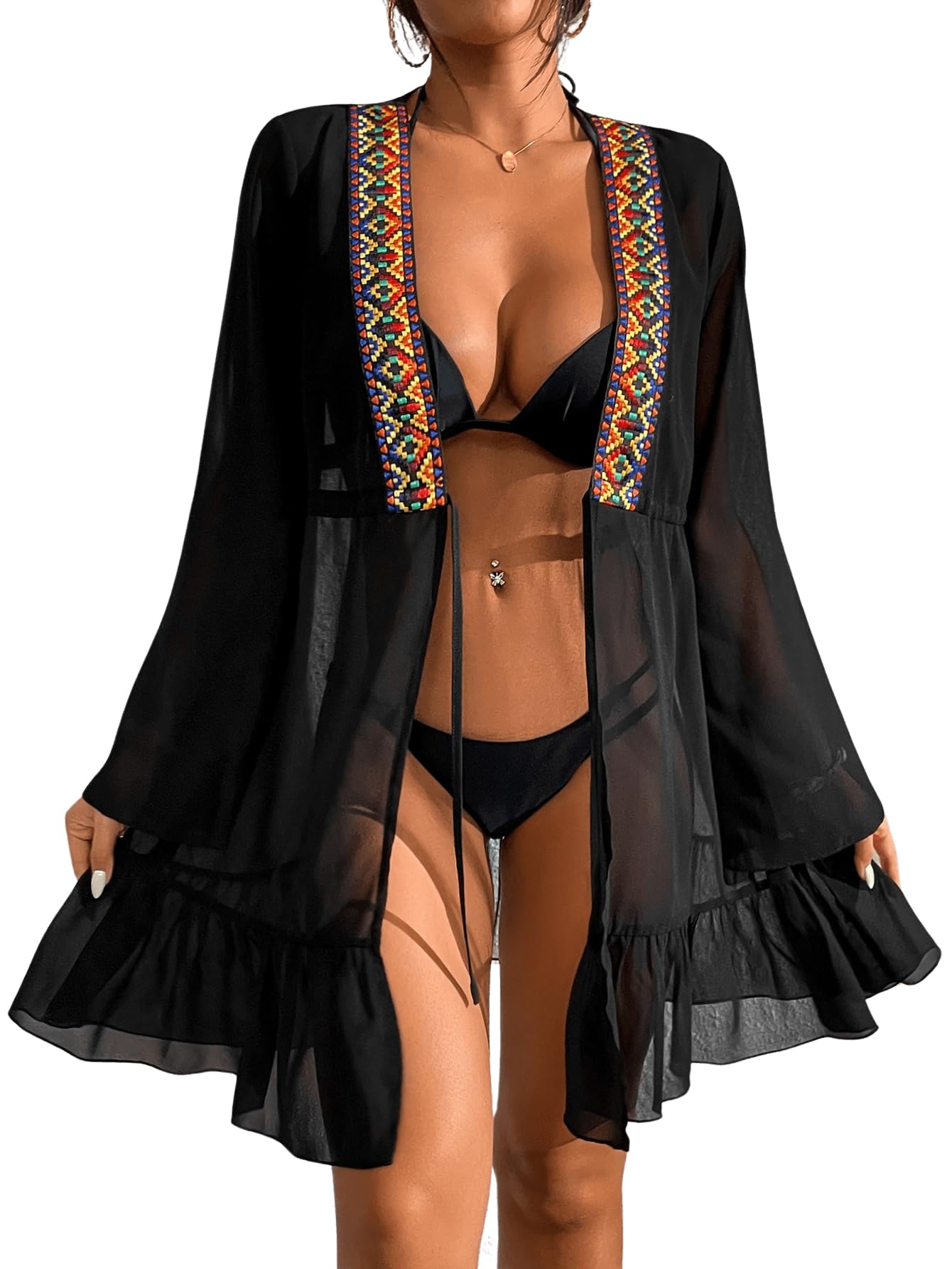 GORGLITTER Mujer Bikini Cover Up Vestido de Playa Kimono Gasa Poncho de Playa con Volantes Verano Beach Cover Ups