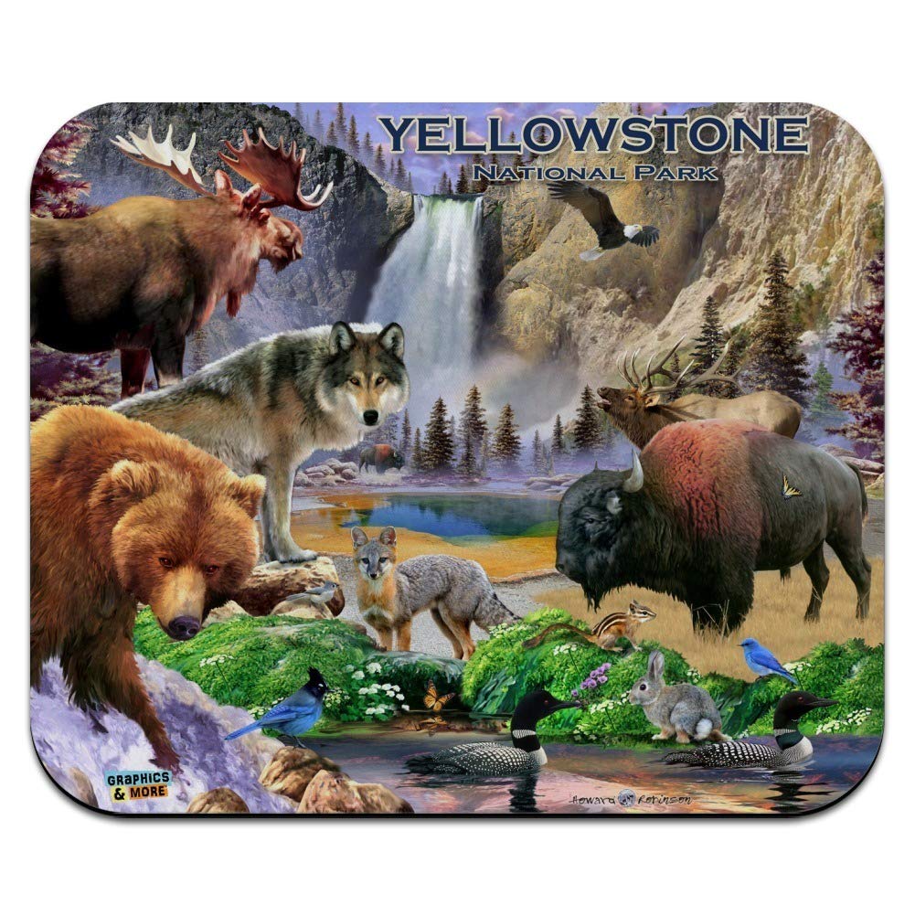 Yellowstone National Park Wyoming Montana Idaho Animals Wolf Bear Fox Bison Low Profile Thin Mouse Pad Mousepad