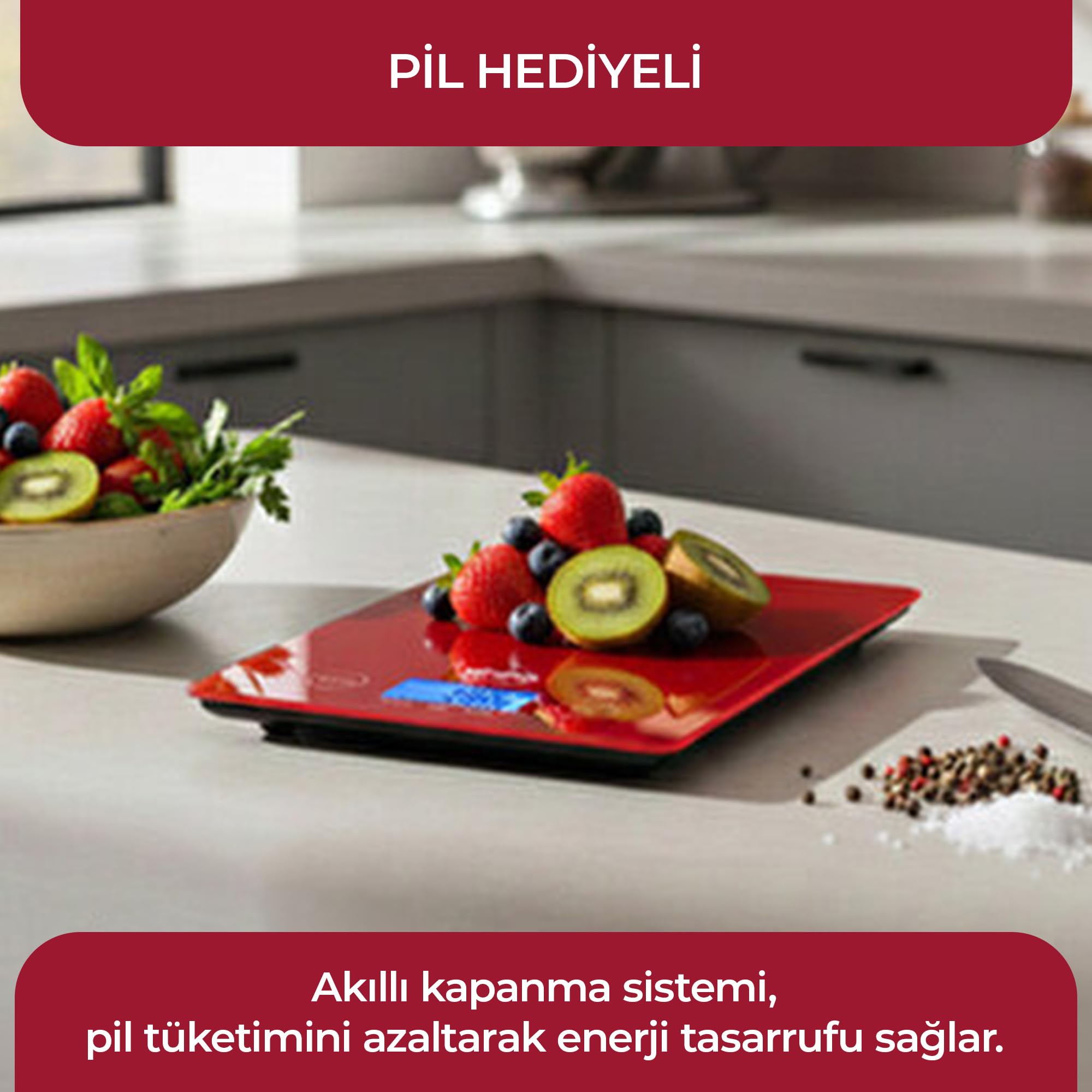 Sinbo SKS - 4526 Dijital Hassas Mutfak Tartısı – LED Göstergeli Terazi - Cam Gövdeli, Gram Ölçüm Tartı (Kırmızı)