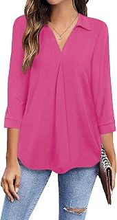 Womens Collared V Neck 3/4 Sleeve Shirts Business Casual Tops Loose Work Blouses (S-3XL)