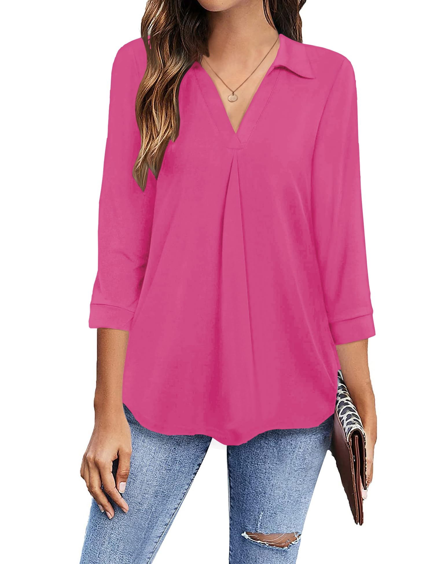 Newchoice Womens Collared V Neck 3/4 Sleeve Shirts Business Casual Tops Loose Work Blouses (S-3XL)