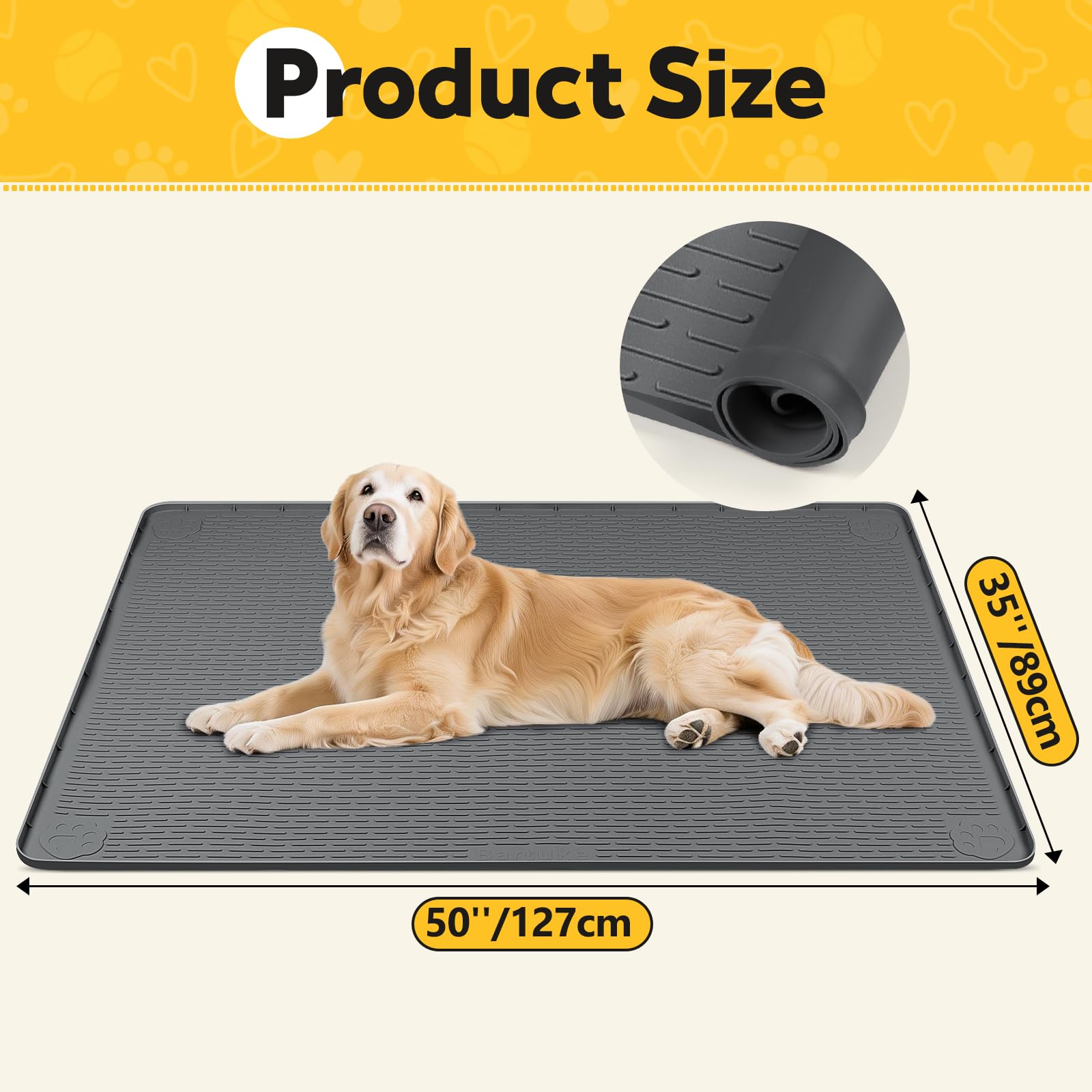Tapis de boxe en silicone pour chien, tapis pour cages et chenil avec bord surélevé, tapis de lit pour chien, lavable, imperméable, anti-fuite, protège le sol (gris foncé, 132 x 88 cm)