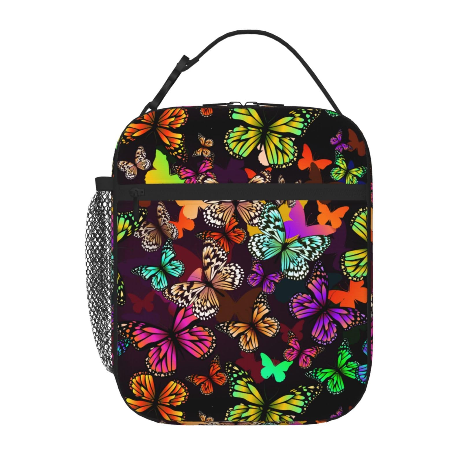 HKHEHOP Colorful Bright Butterfly Lunch Bag Insulated Reusable Lunch Box Lunch Tote Lunchbox Portable Bento Bags For Men Women Office Work Travel Picnic Camping