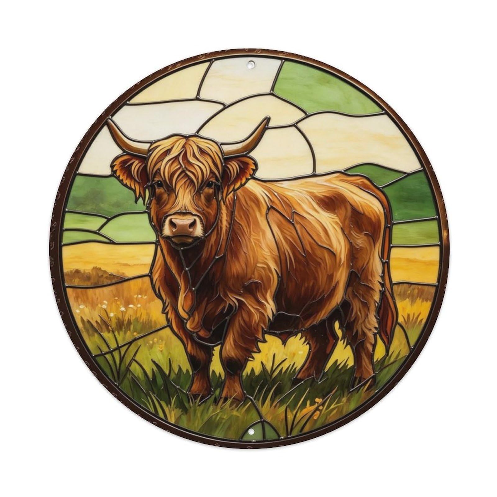 Highland Scottish Cow Meadow Stained Glass Metal Tin Sign Plaque