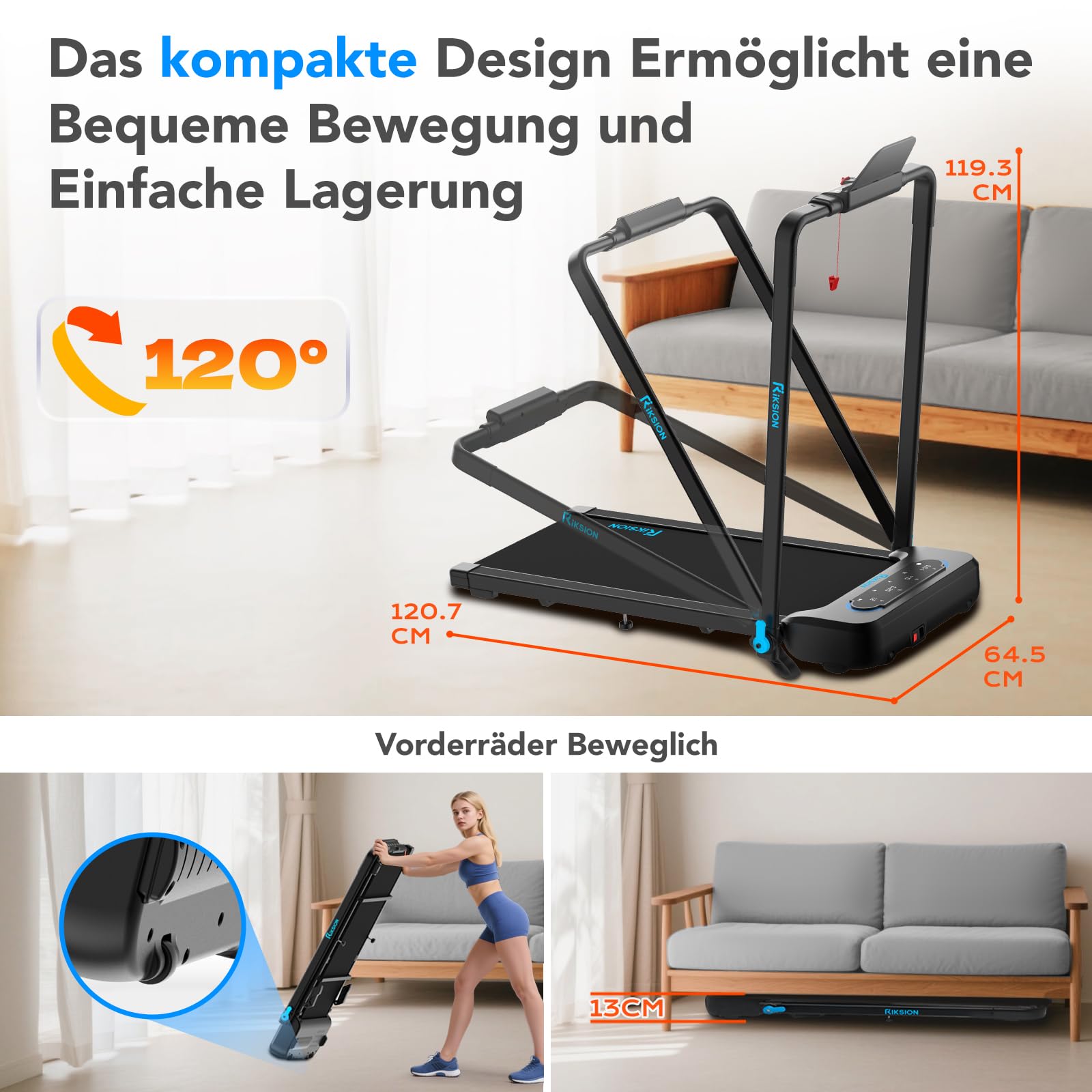 Laufbänder mit 10% Neigung LED-Monitor APP, 1-14 km/h Untertisch-Gehunterlage mit faltbarem Handlauf für Zuhause/Büro, Workout, Joggen
