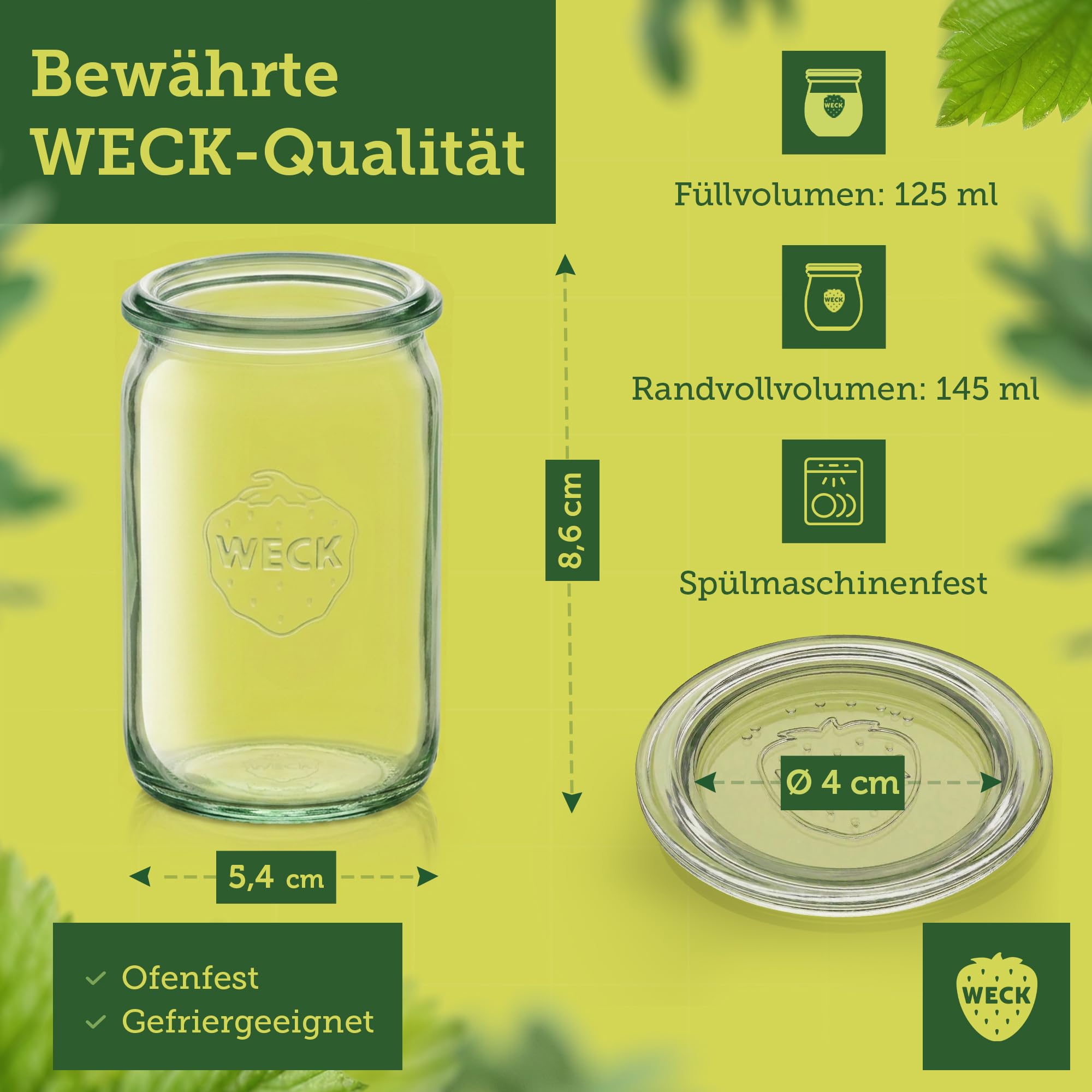Weck Gläser 125ml – 12er Set mit Deckeln – Zylinderform – robuste, stapelbare Dessertgläser, Einkoch- & Einmachgläser – klein – Weckglas ideal für Nachtisch & Marmelade – Made in Germany Gewerbe, Industrie & Wissenschaft
