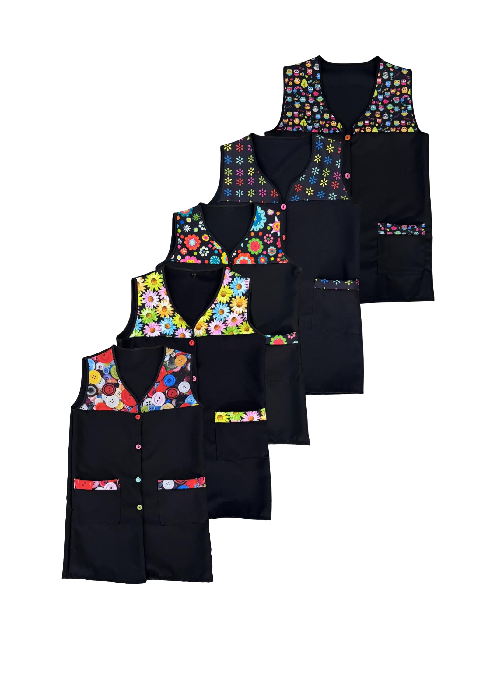 Victory Casaca Escolar Sin Mangas Mujer Botones Multicolor Delantal Mandil Chaleco Estampado Tres Bolsillos Uniforme Maestra Peluquera Auxiliar Limpieza Cuidado Infantil Lavable – SERIE 7061