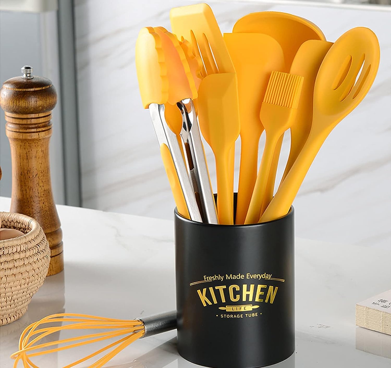 Juego de utensilios de cocina de 11 piezas, juego de utensilios de cocina amarillos, espátula de silicona antiadherente con soporte de hierro, utensilios de cocina de silicona (amarillo)