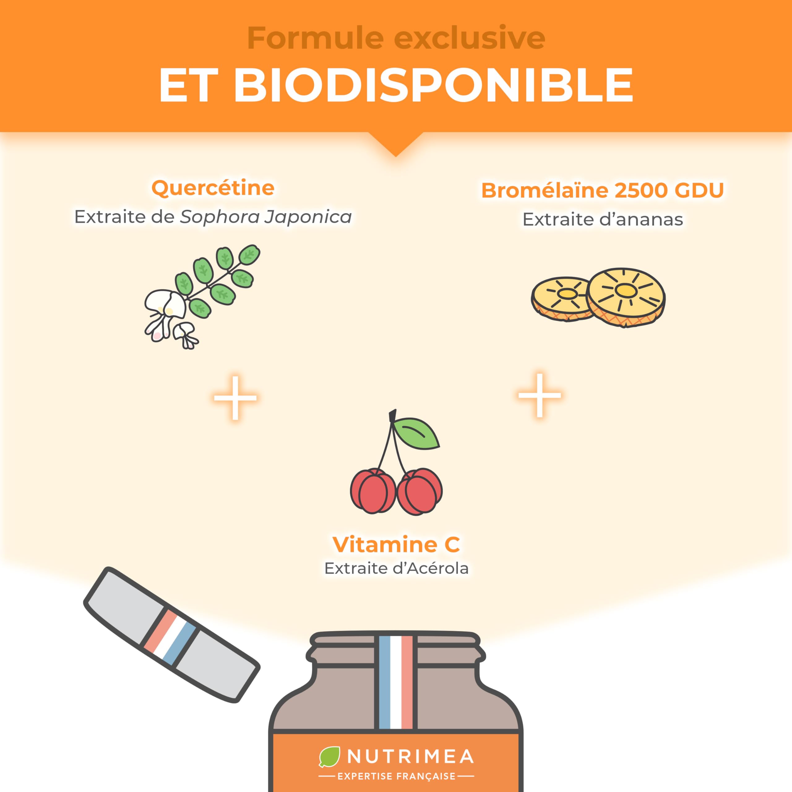 QUERCETINE - 600 mg - Vegan & Sans Excipient - Avec Bromelaine & Vitamine C Végétales - Puissant Antioxydant, Renforce l'Immunité - Nutrimea - 90 Gélules - Fabriqué en France