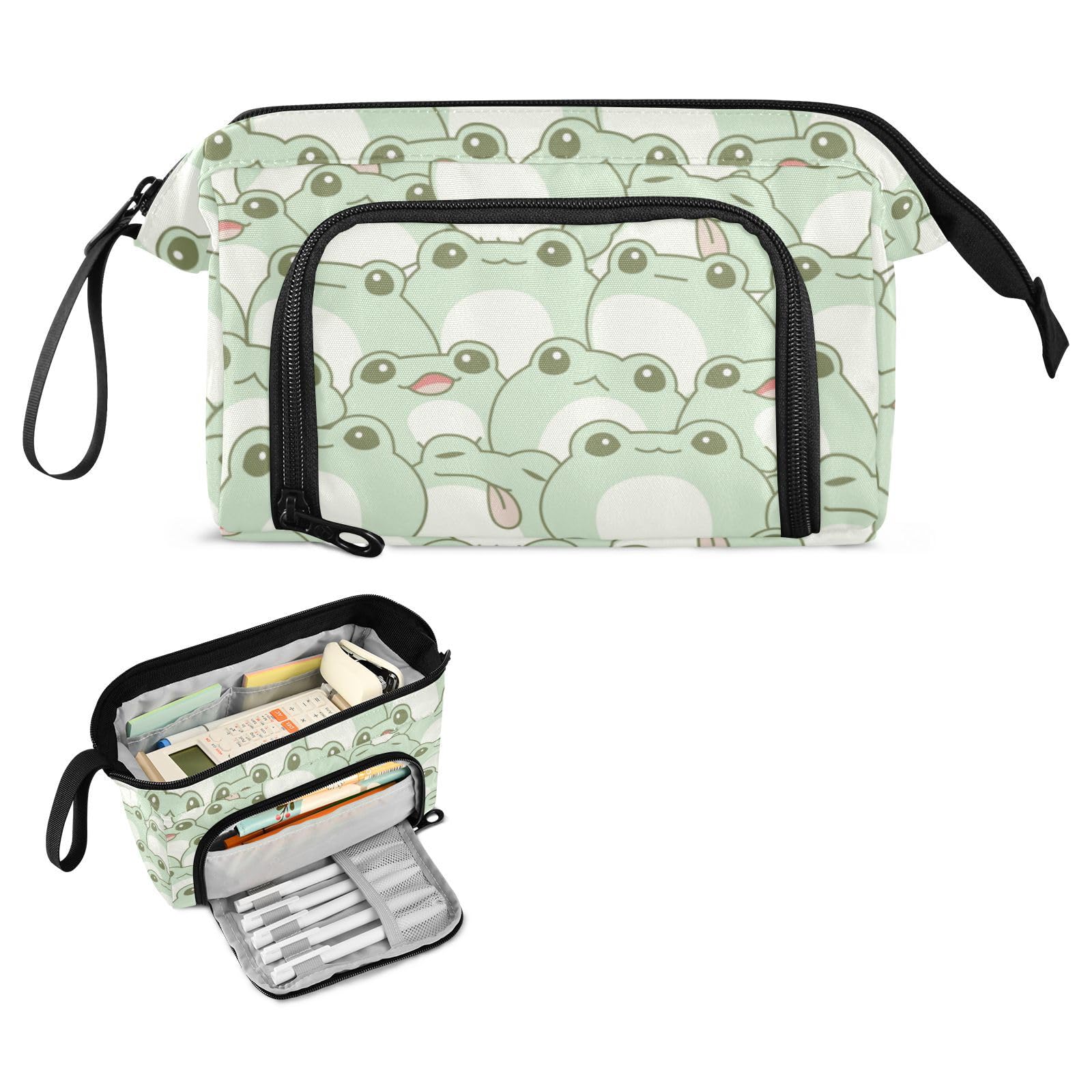 FRODOTGV Kawaii Frog Pencil Case with Zipper, Large Capacity, 40-60 Pens, 2 Inner Pockets, Unisex, Funny Cute Frog Pattern, 9.45 x 3.74 x 5.91 inches, 0.2 kg, Stationery Bag, Pencil Case