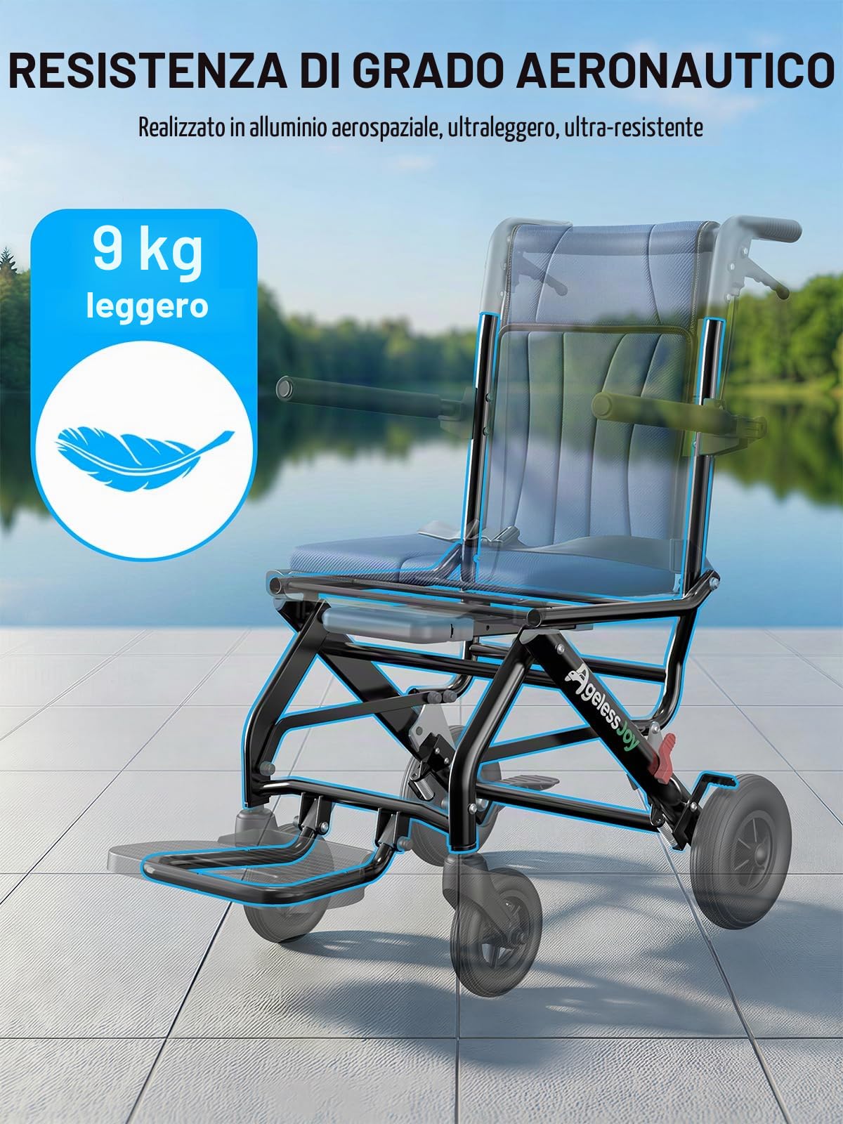 Sedia a Rotelle Pieghevole Leggera per Anziani, Sedia Rotelle da Transito in Alluminio (9kg) con Maniglia Telescopica, Carrozzina per Disabili Stretta da Viaggio e Aereo, Blu