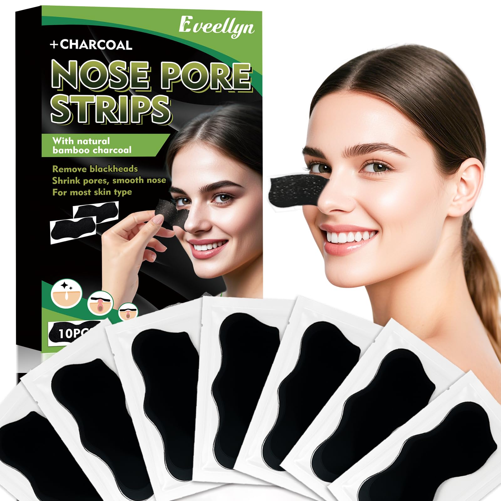 Eveellyn Mitesserentferner Stripes, Natürliche Bambuskohle Mitesser Strips, Zum Entfernen von Mitessern und Zum Freimachen verstopfter Poren, Für Männer und Frauen 10 Stück