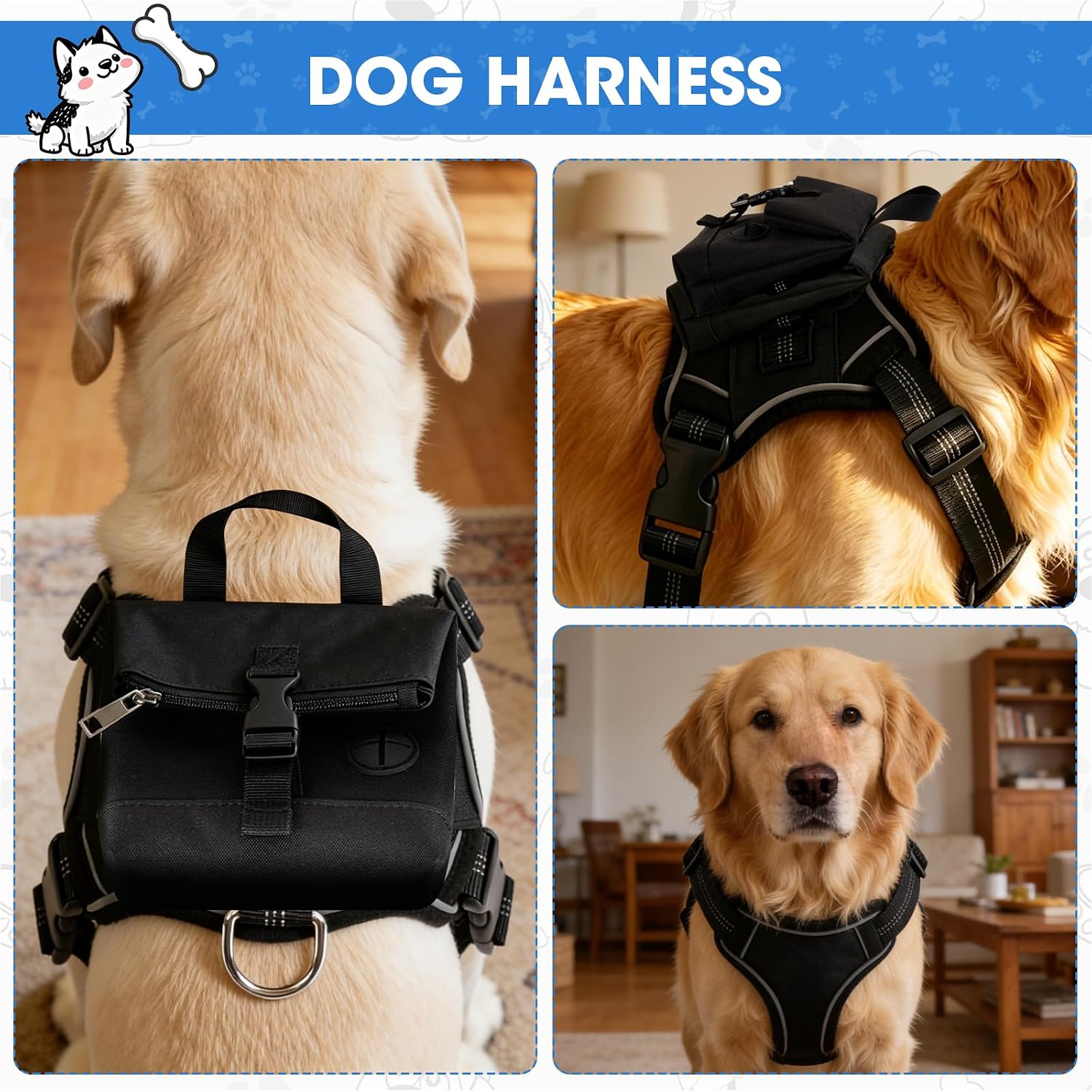 Dog Harness for Large Dogs, Adjustable 4 Buckles with Lock, Easy-Control Padded Handle, Breathable Inner Mesh and Reflective Strips for Training and Outdoor Use, Black, L